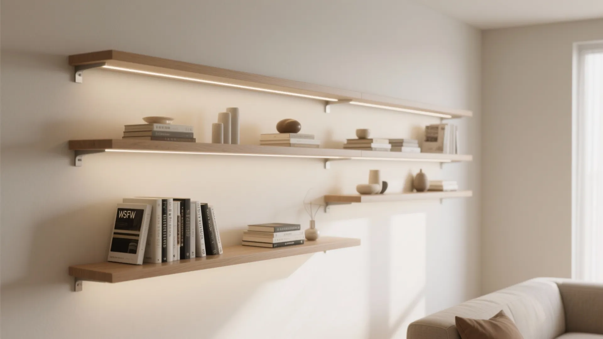 Floating shelves with tonal styling
