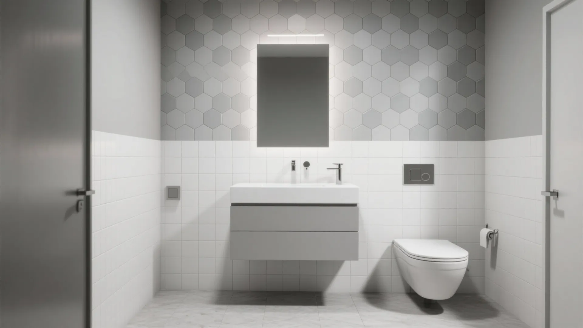 Minimalist bathroom with grey hexagon wall tiles above white tiles and a floating grey cabinet