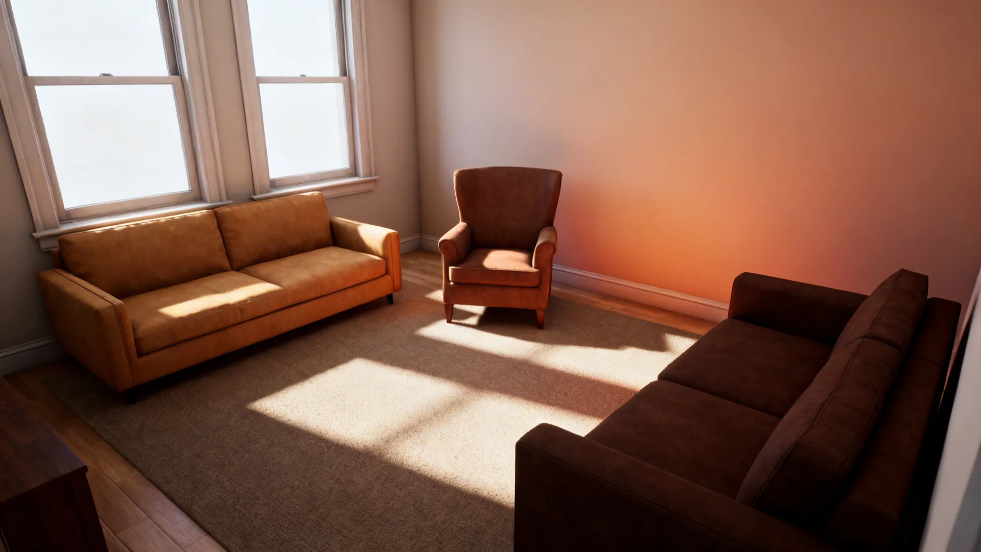 Living room showing a tonal gradient of leather seating from tan to deep brown across the space.