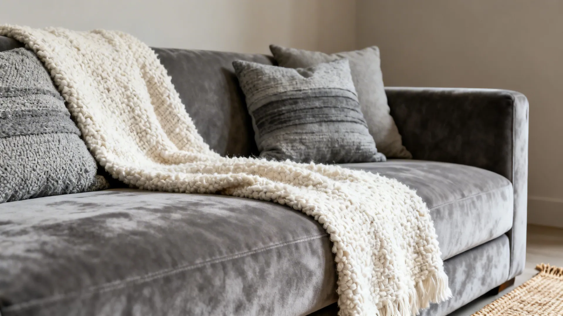 Close-up of layered gray fabrics and a warm-white bouclé throw on a gray sofa.