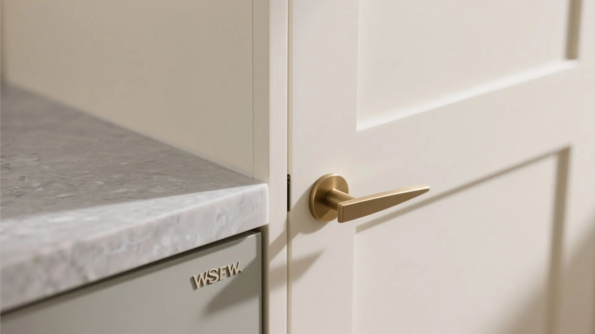 Close up of a white room door with gold handle next to grey marble countertop