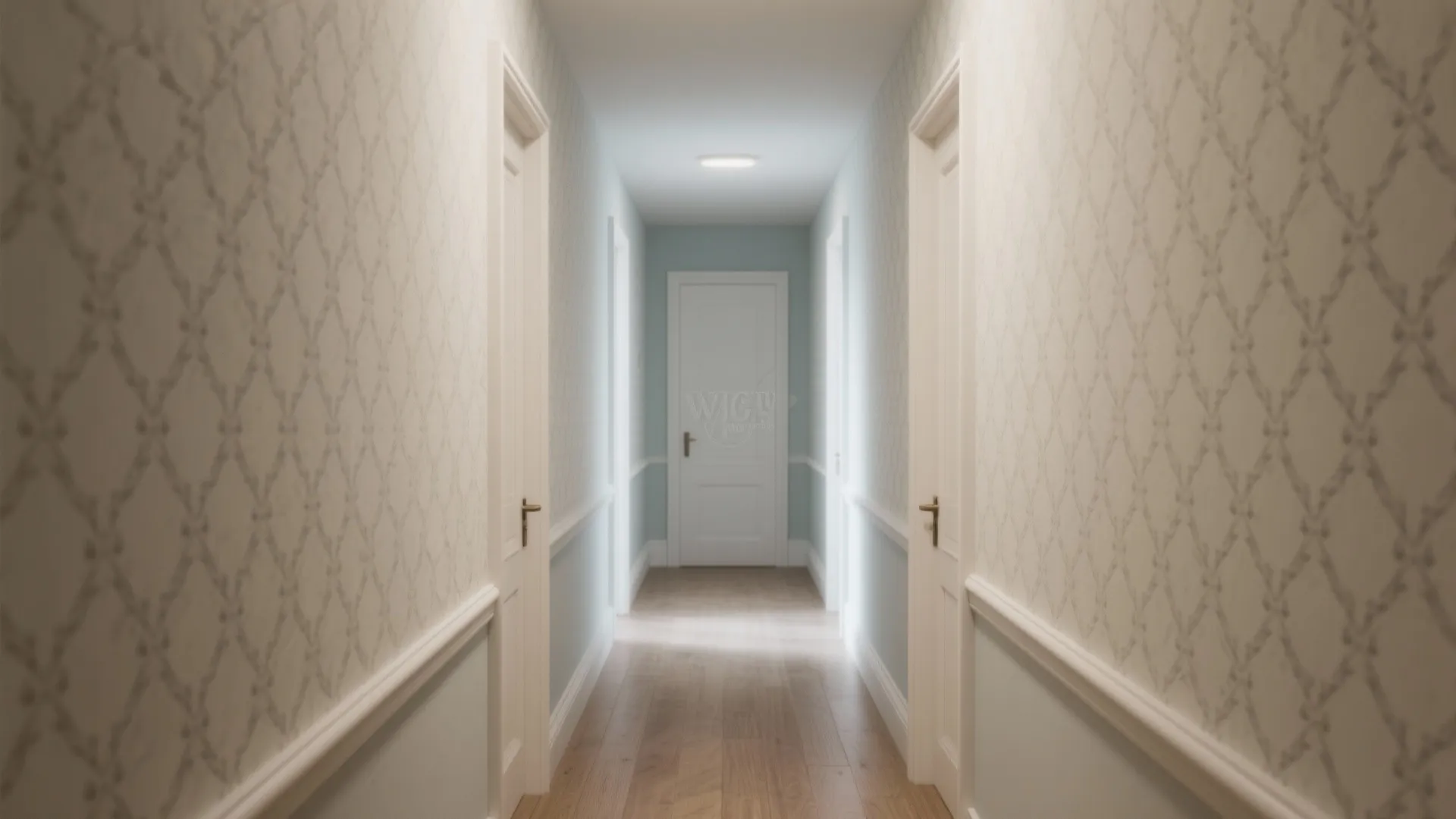 Long narrow hallway featuring patterned wall panel wooden floor white doors and bright ceiling light fixture