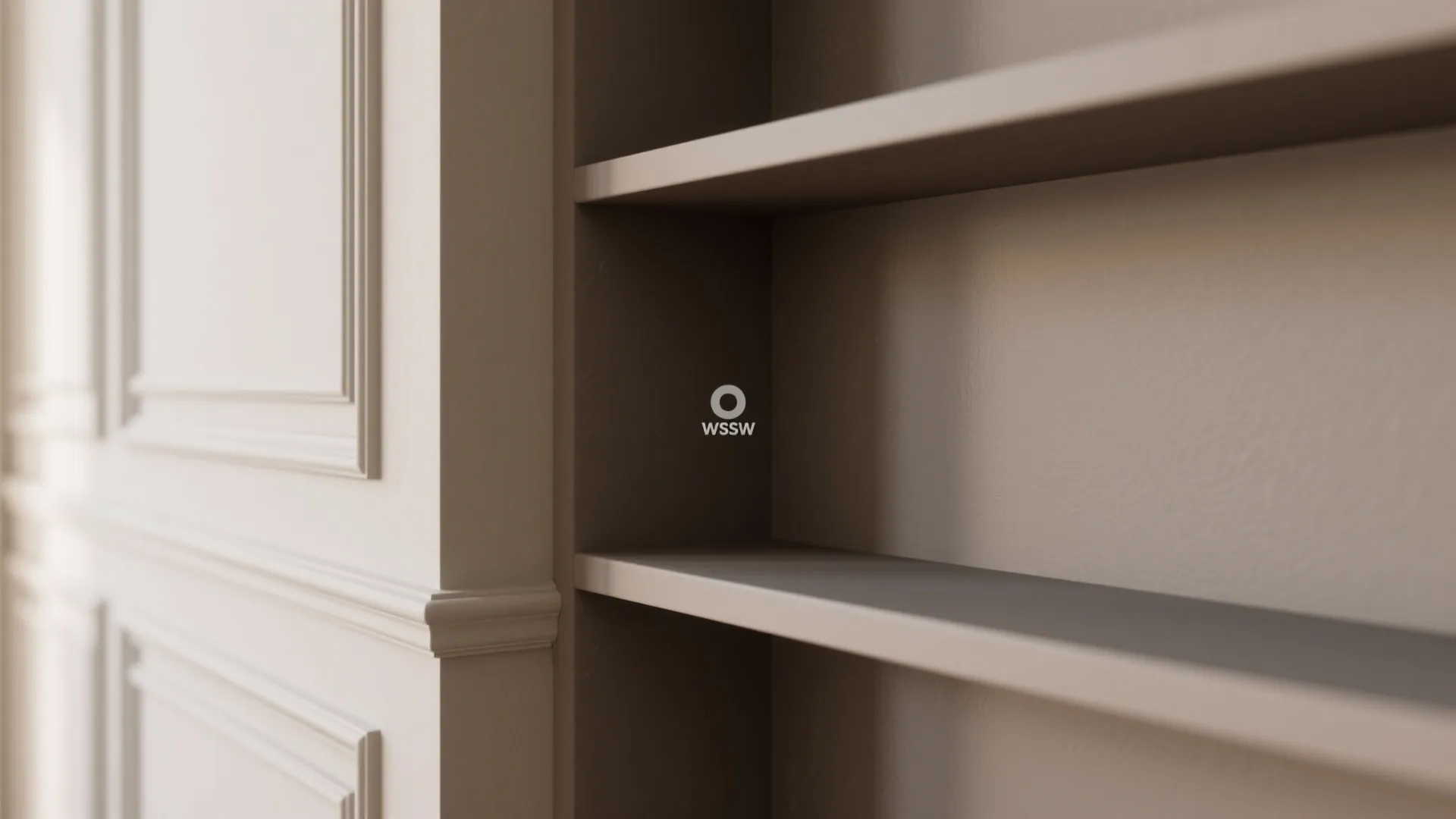 Close-up of tonal layered wall trim and built-in shelves in three shades of the same color.