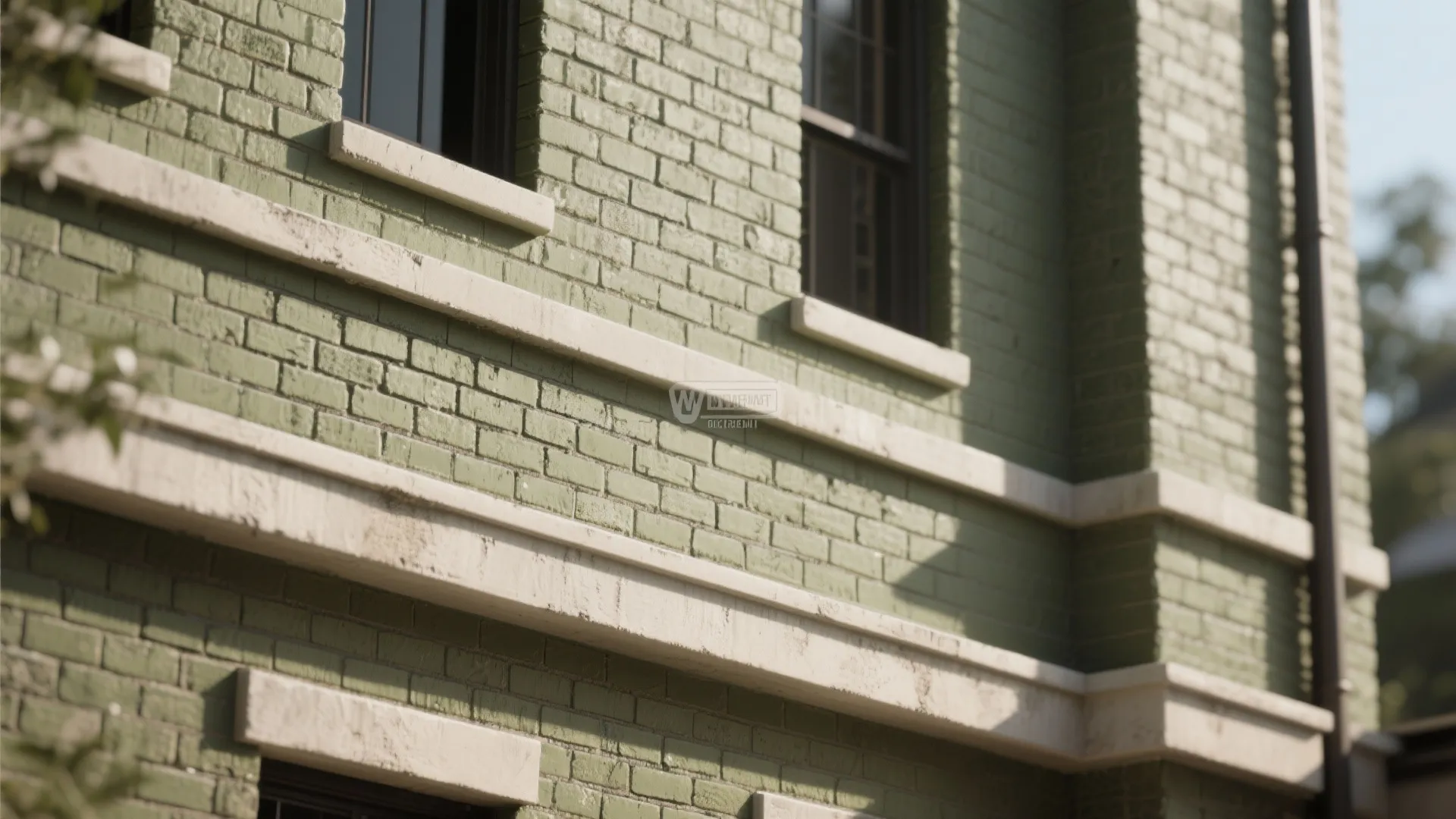 External view of green painted brick walls featuring white trim around windows and roof lines