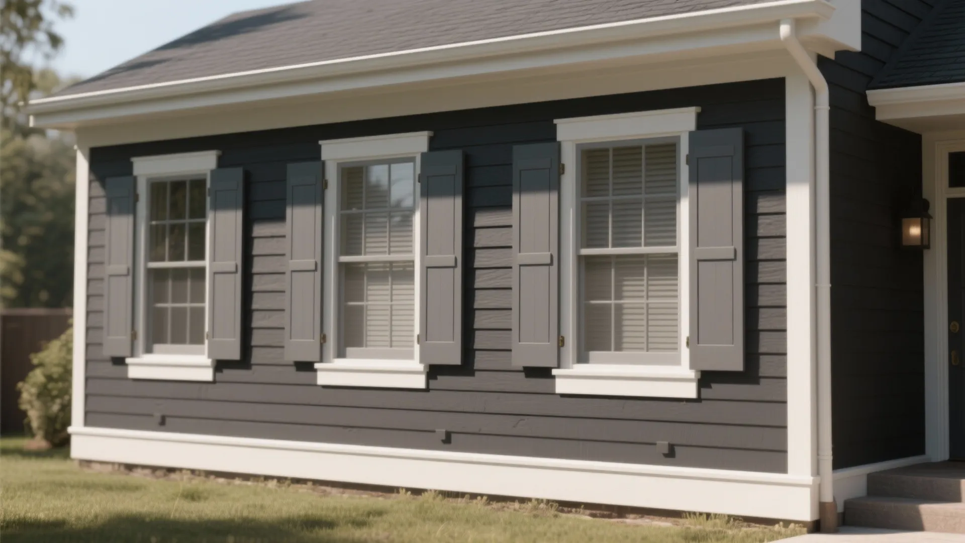 Exterior house view with dark siding three white windows and grey shutters on a sunny day