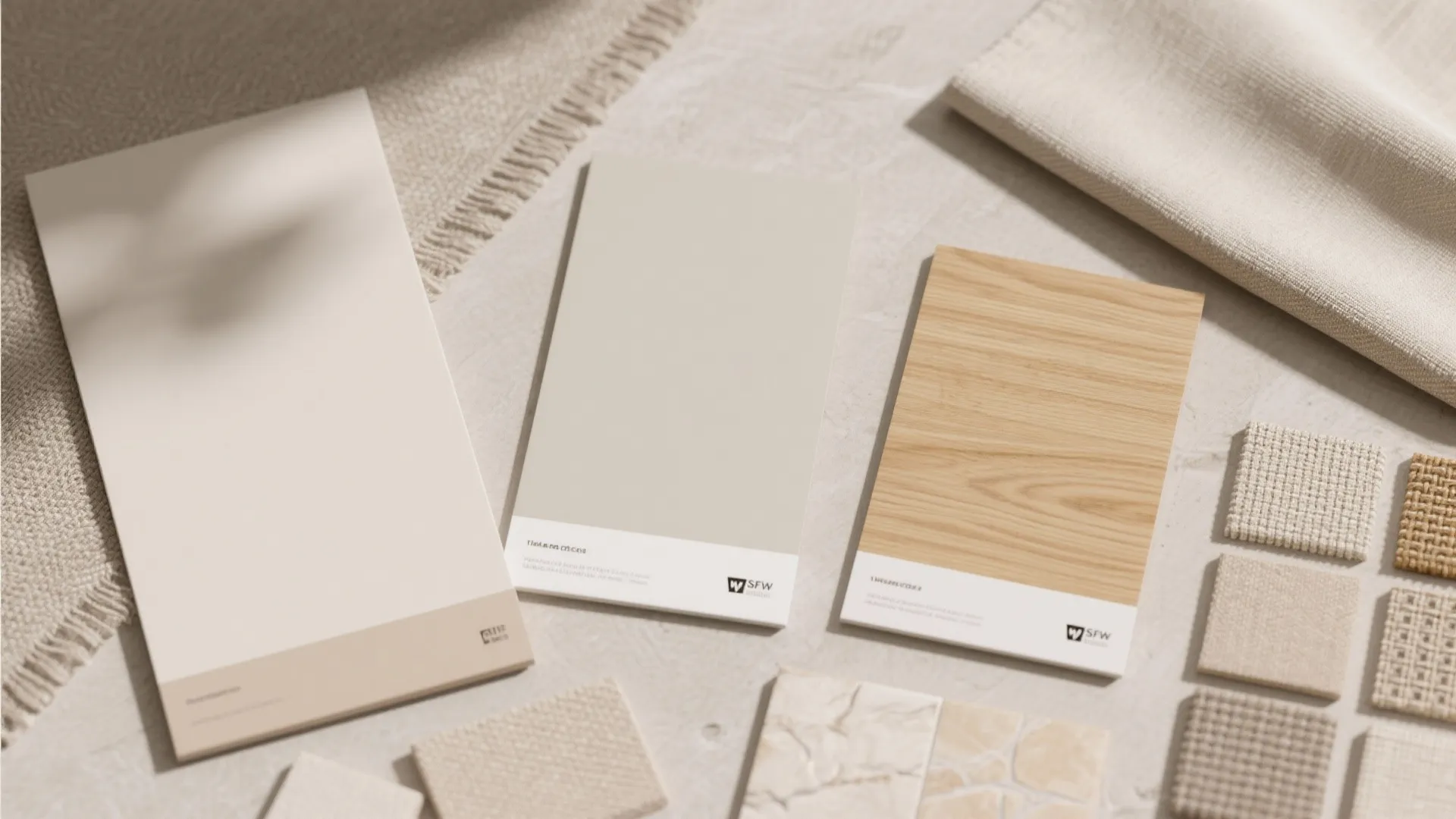 Interior design mood board with beige paint swatches wood samples and various neutral fabric textures