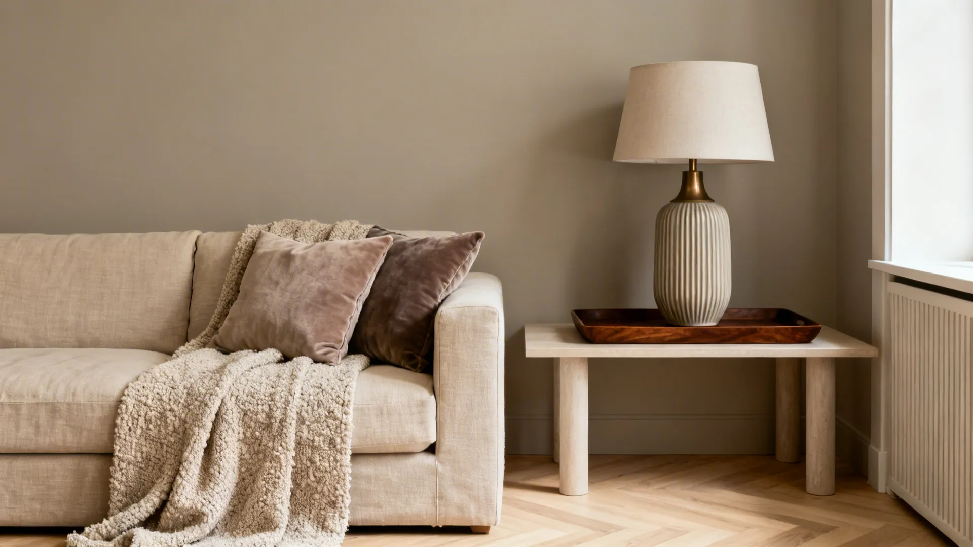 Tonal greige living room with layered textures and a dark bronze accent for contrast.