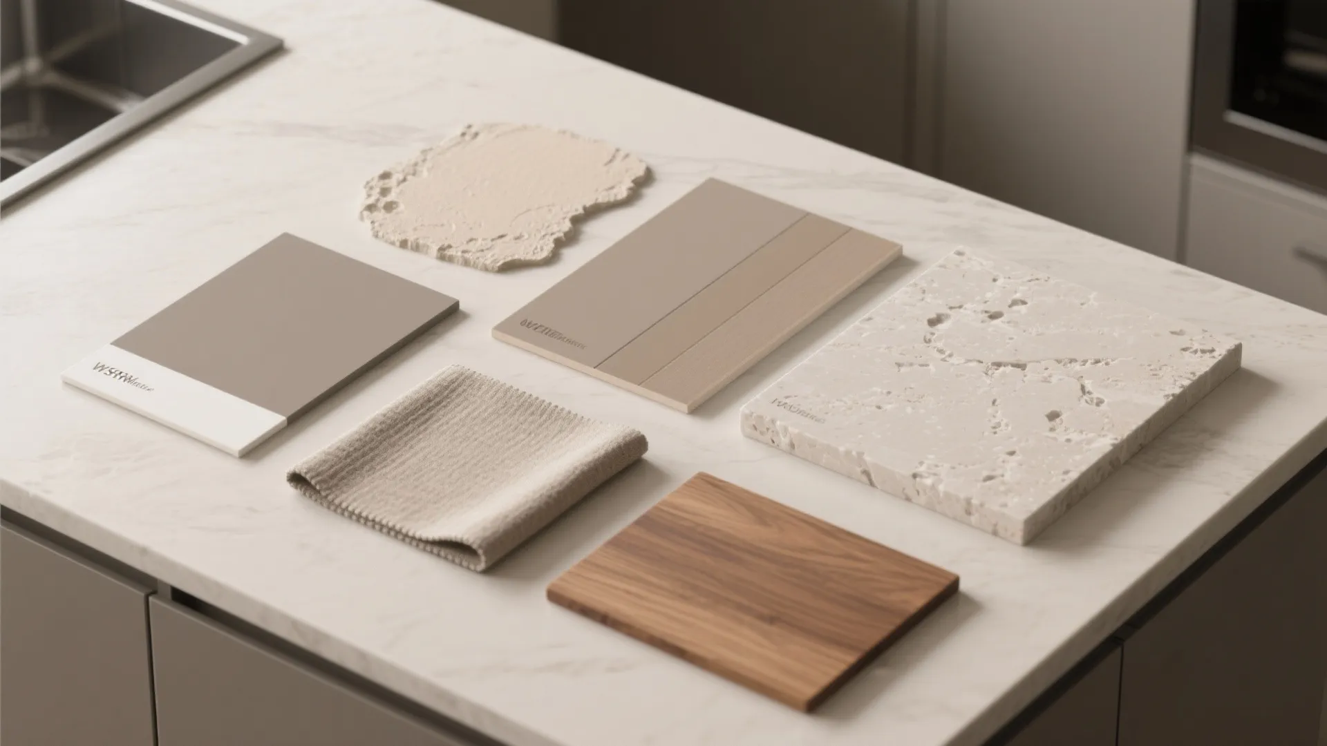 Modern interior design material samples showing wood fabric and stone on a white marble countertop