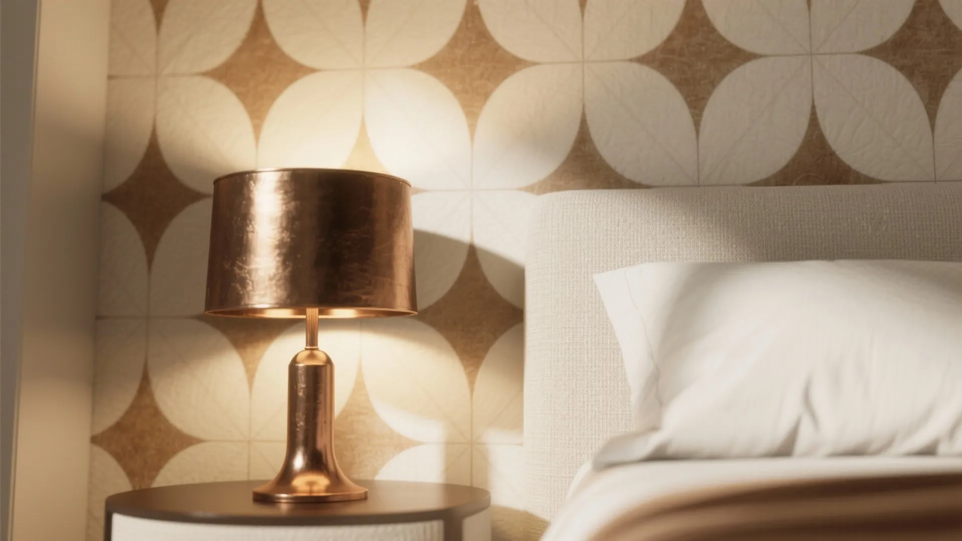 Close-up of cream and tan geometric wallpaper with a brushed bronze lamp base showing warm metallic reflections.