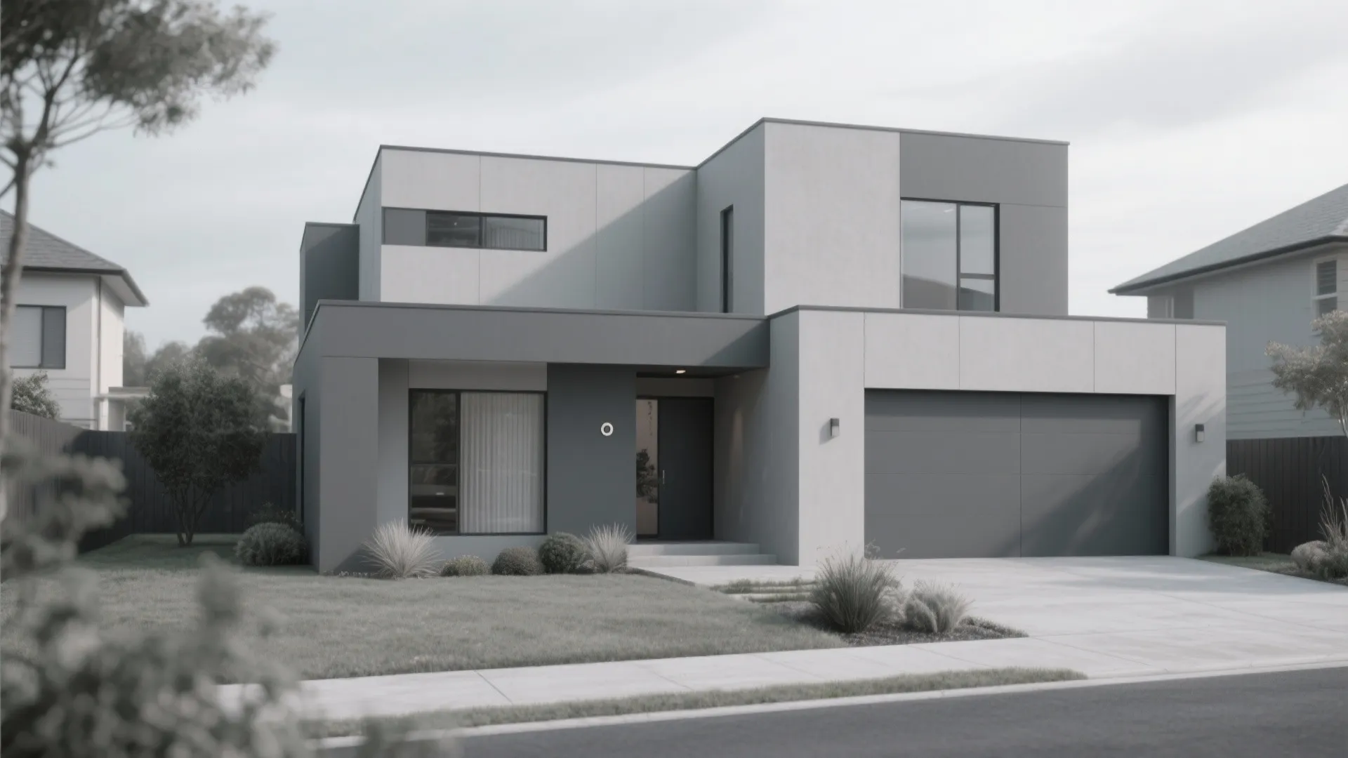 Compact modern house in tonal greys with minimalist landscaping under soft daylight.