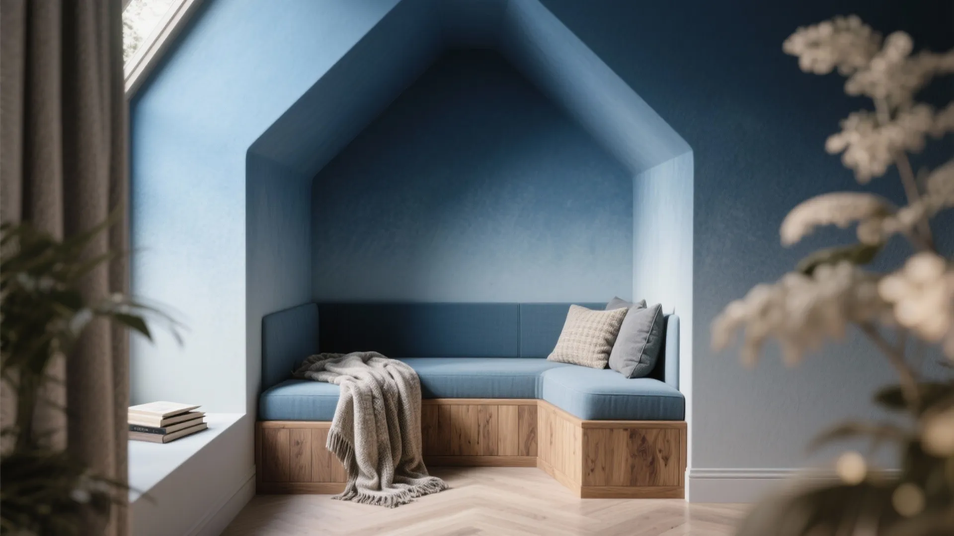 Cozy blue reading corner with wooden bench sofa gray pillows warm blanket and house shaped wall