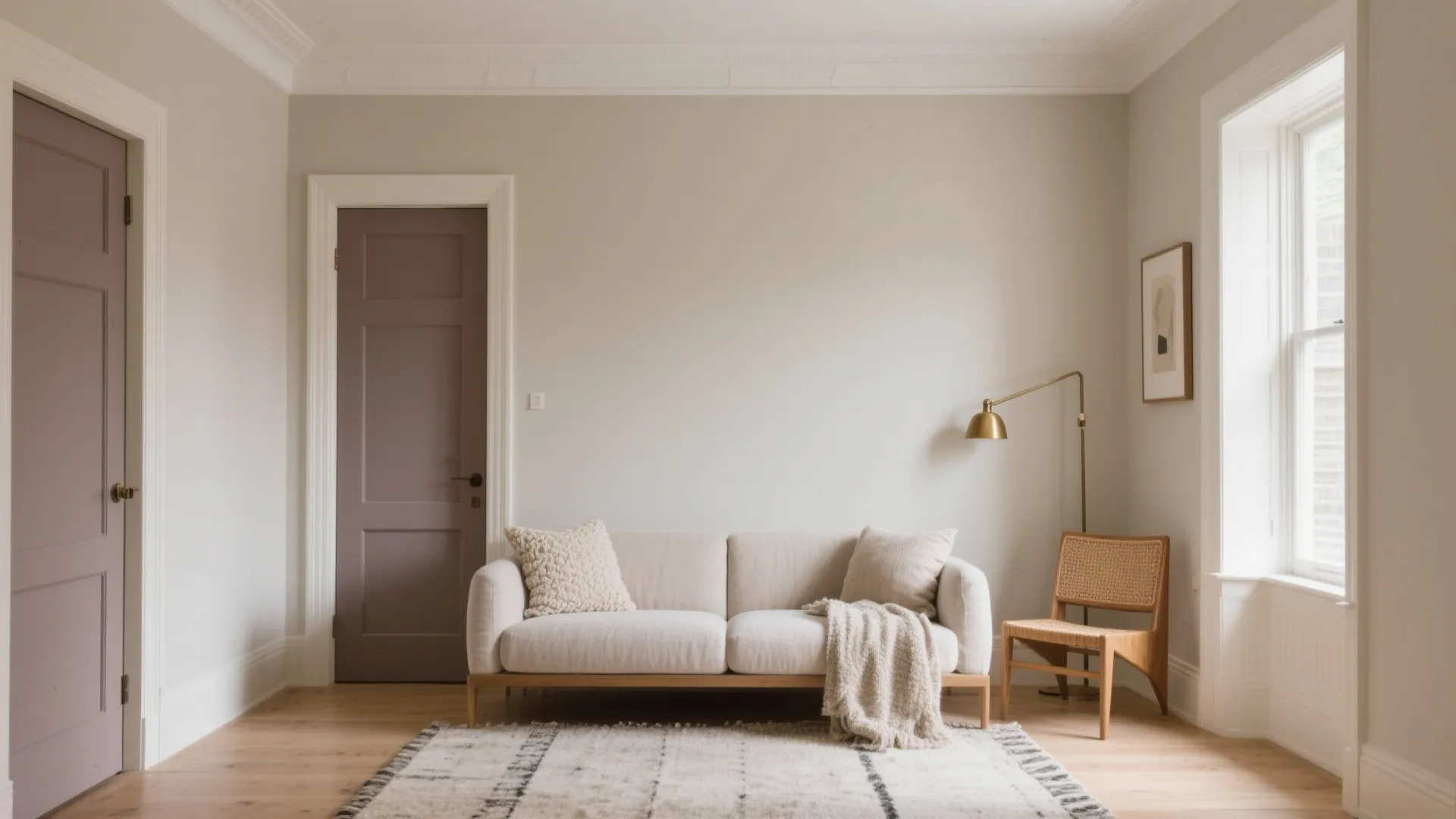 Minimalist living room with beige sofa purple doors wooden floor light rug and gold floor lamp