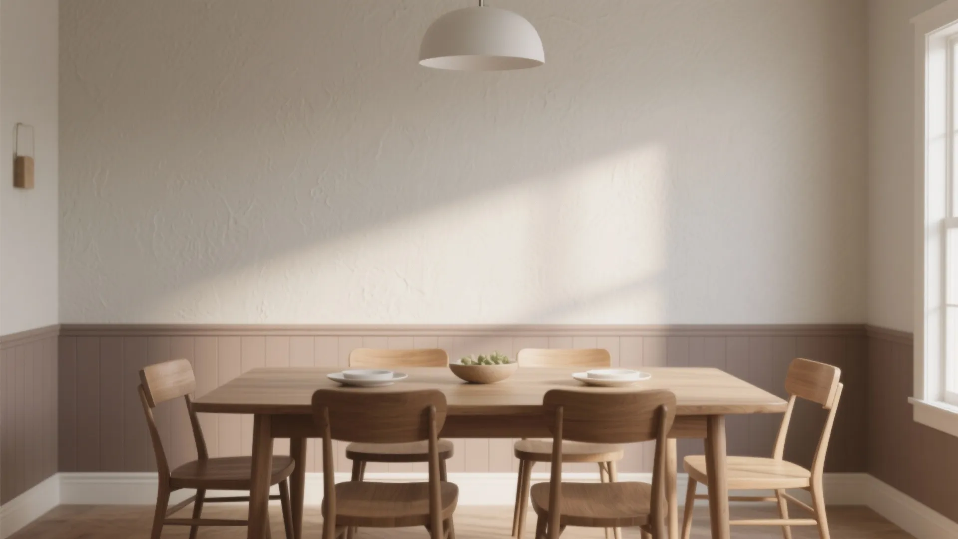 Dining room in soft tonal neutrals above and below chair rail