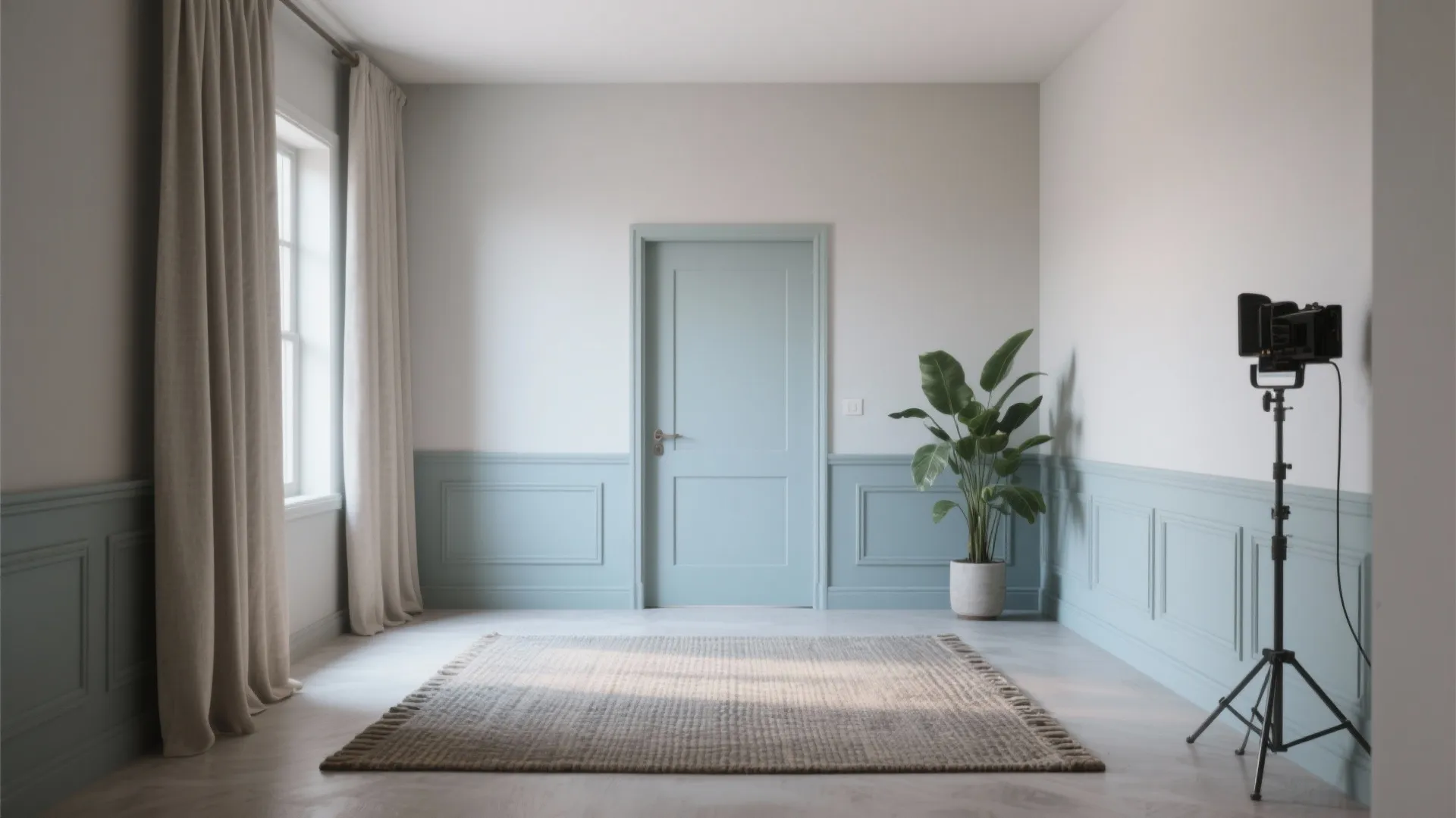 Empty room with light blue wall panel green door white upper walls and floor rug
