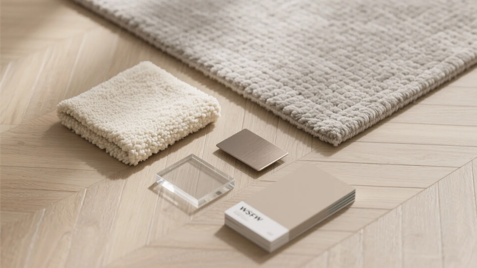 Interior design material samples including carpet fabric metal and color cards on wood floor tiles