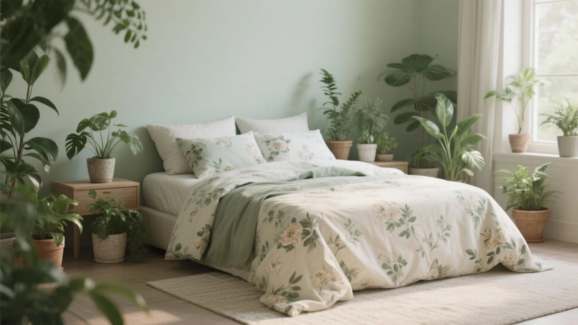 Cozy green bedroom featuring floral bedding surrounded by many potted green plants and natural light