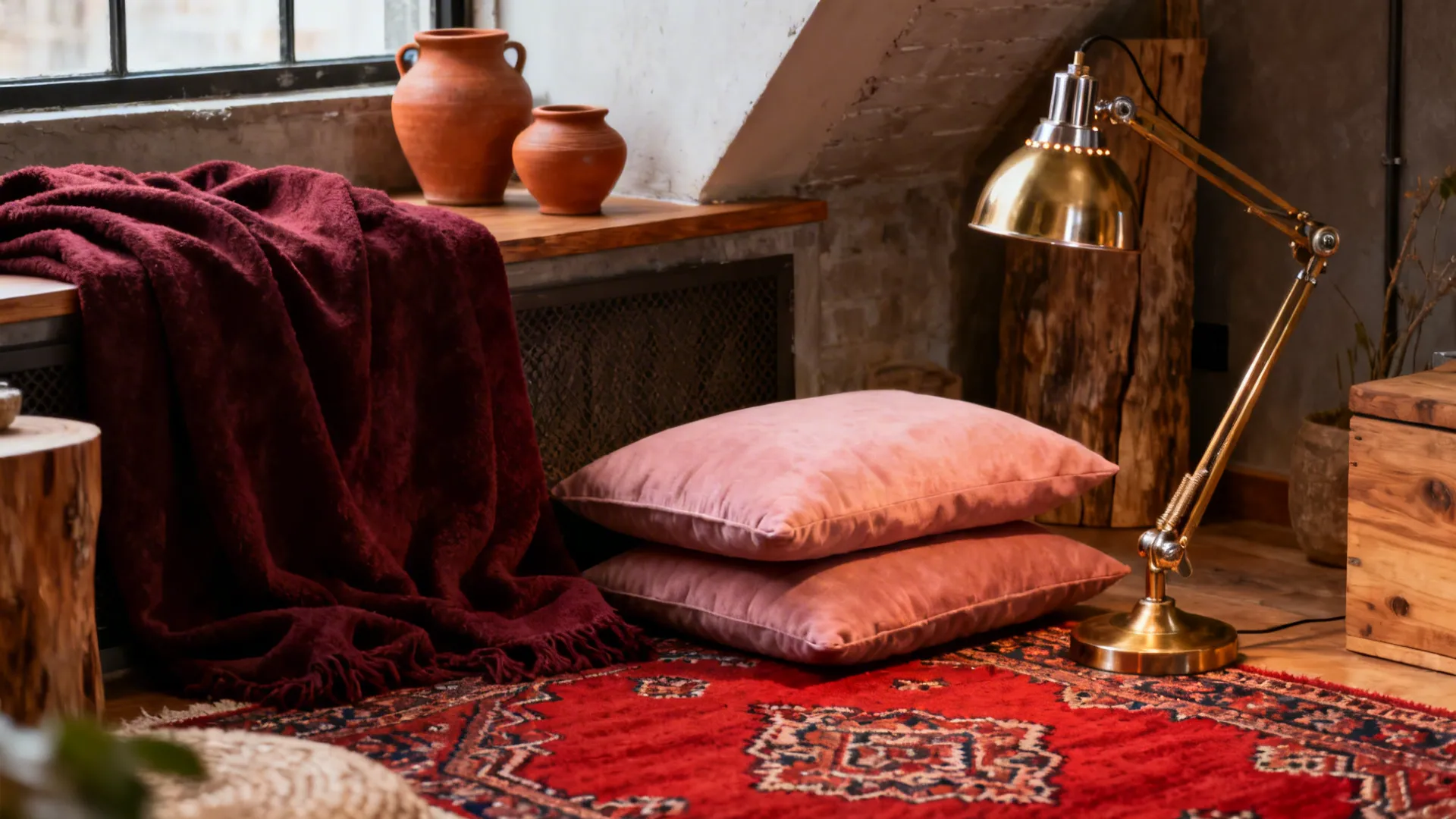 Red rug with pink pillows red blanket gold light fixture and clay pots by window