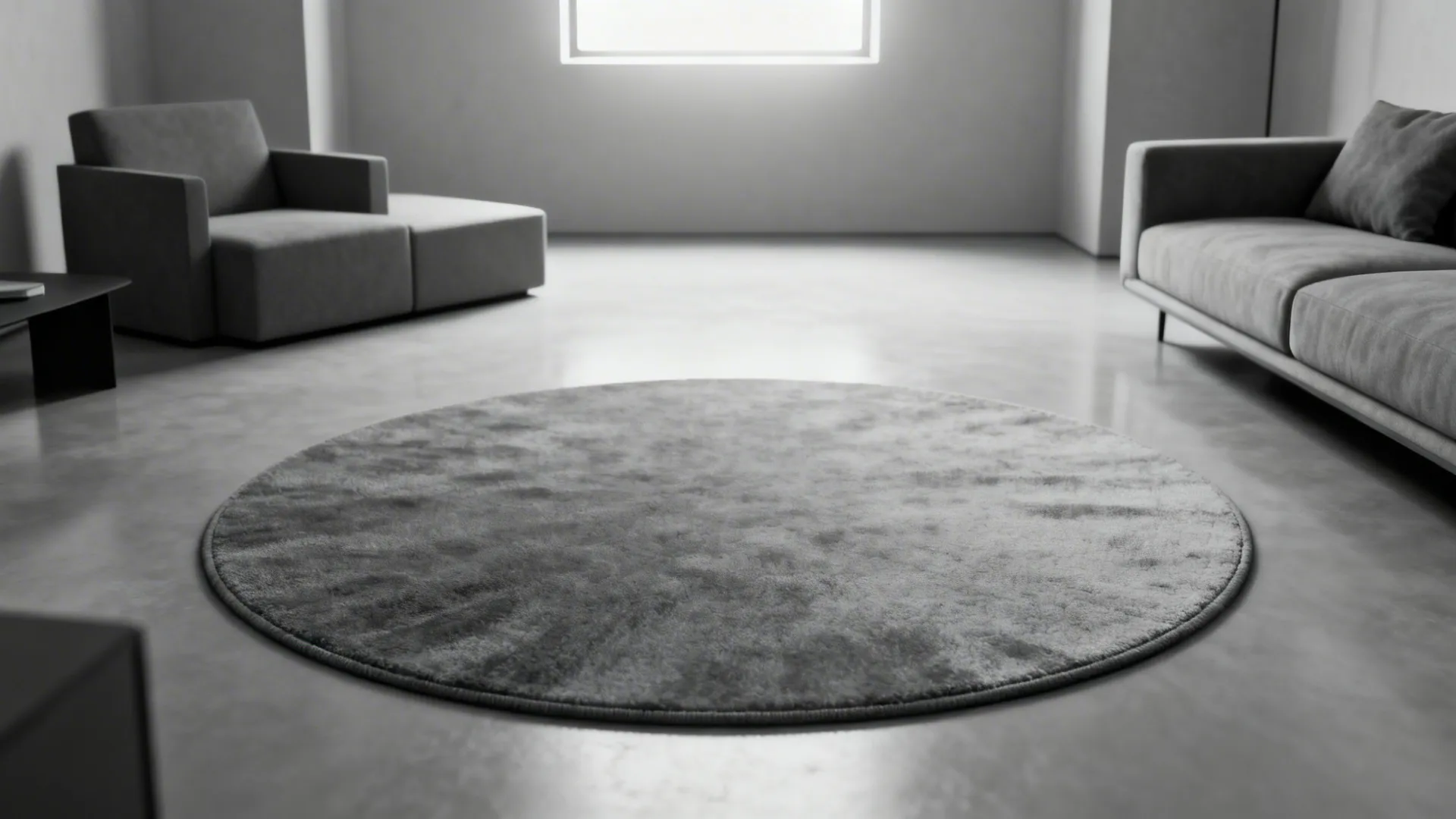 Minimalist living room featuring a tonal gray round rug and simple furniture