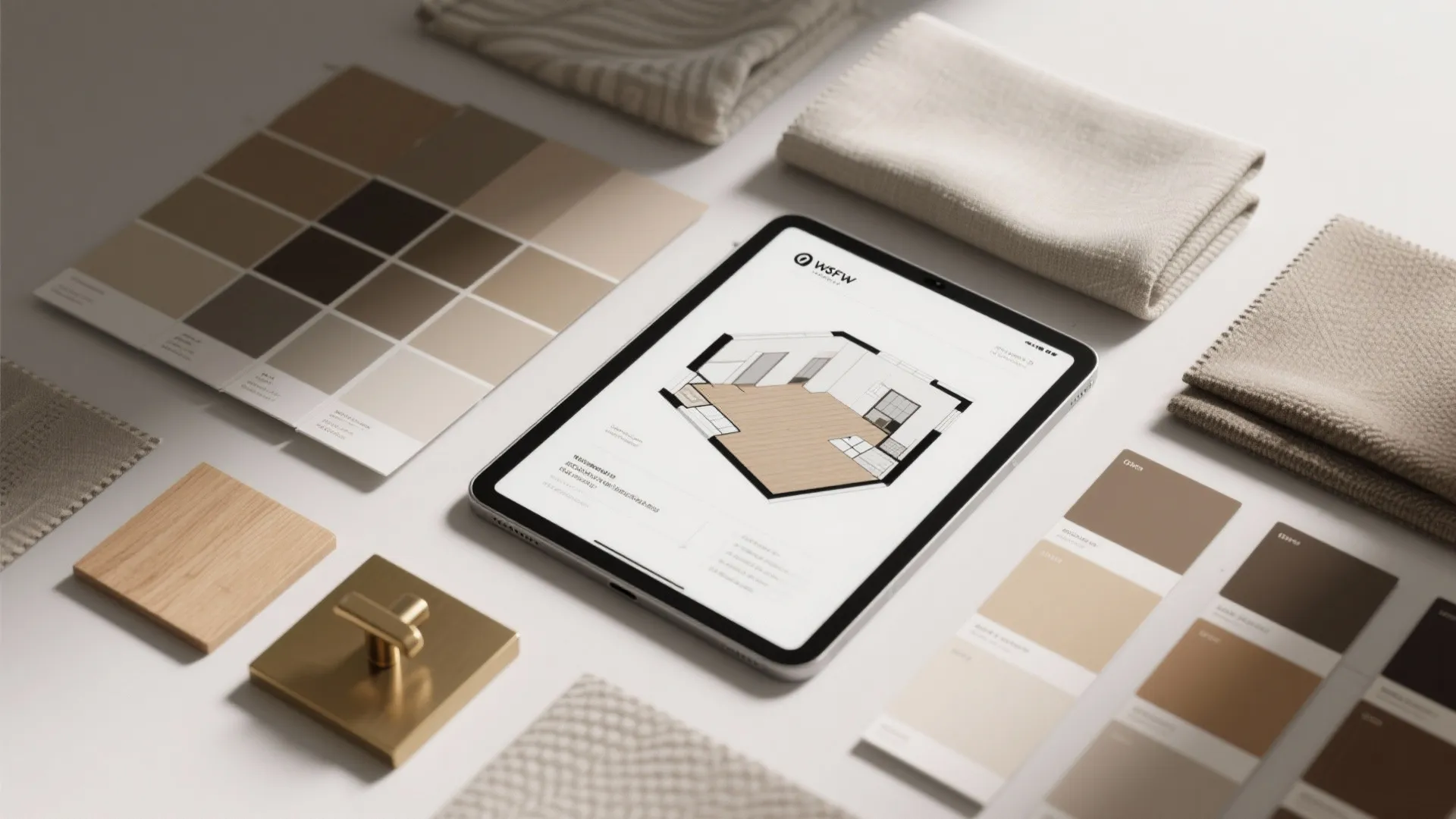 Interior design mood board with tablet showing floor plan plus fabric samples and color swatches