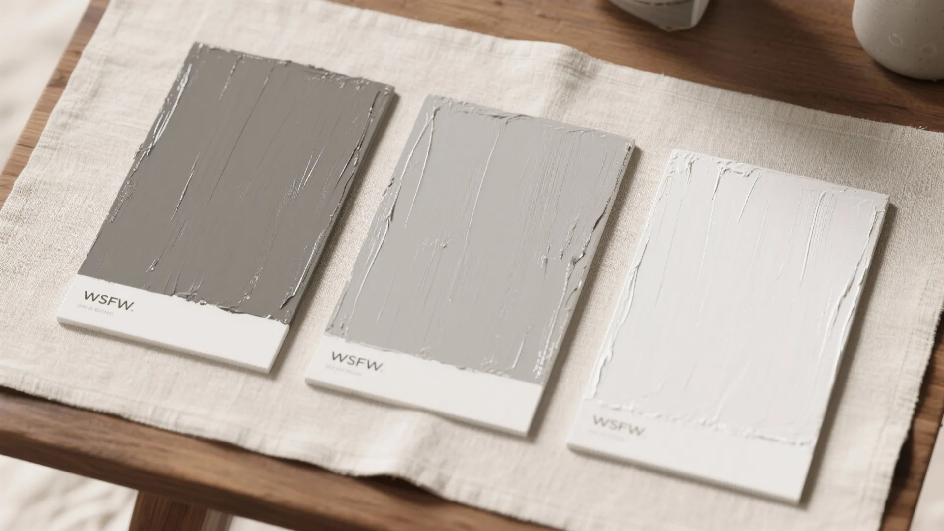 Three paint color cards showing dark grey medium grey and white textures on a wooden table