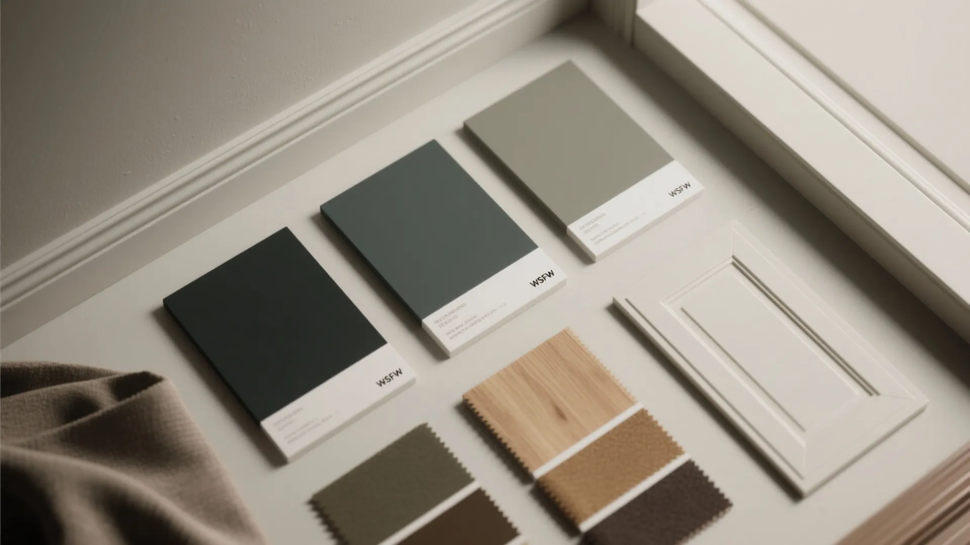 Green color swatches placed on white floor with wood material samples and a wall panel