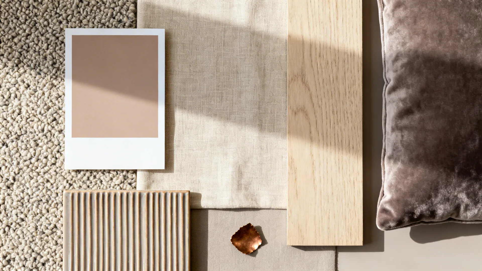 Flat lay of warm greige paint, oatmeal linen, pale oak, bouclé, velvet, ribbed ceramic, and brass sample.