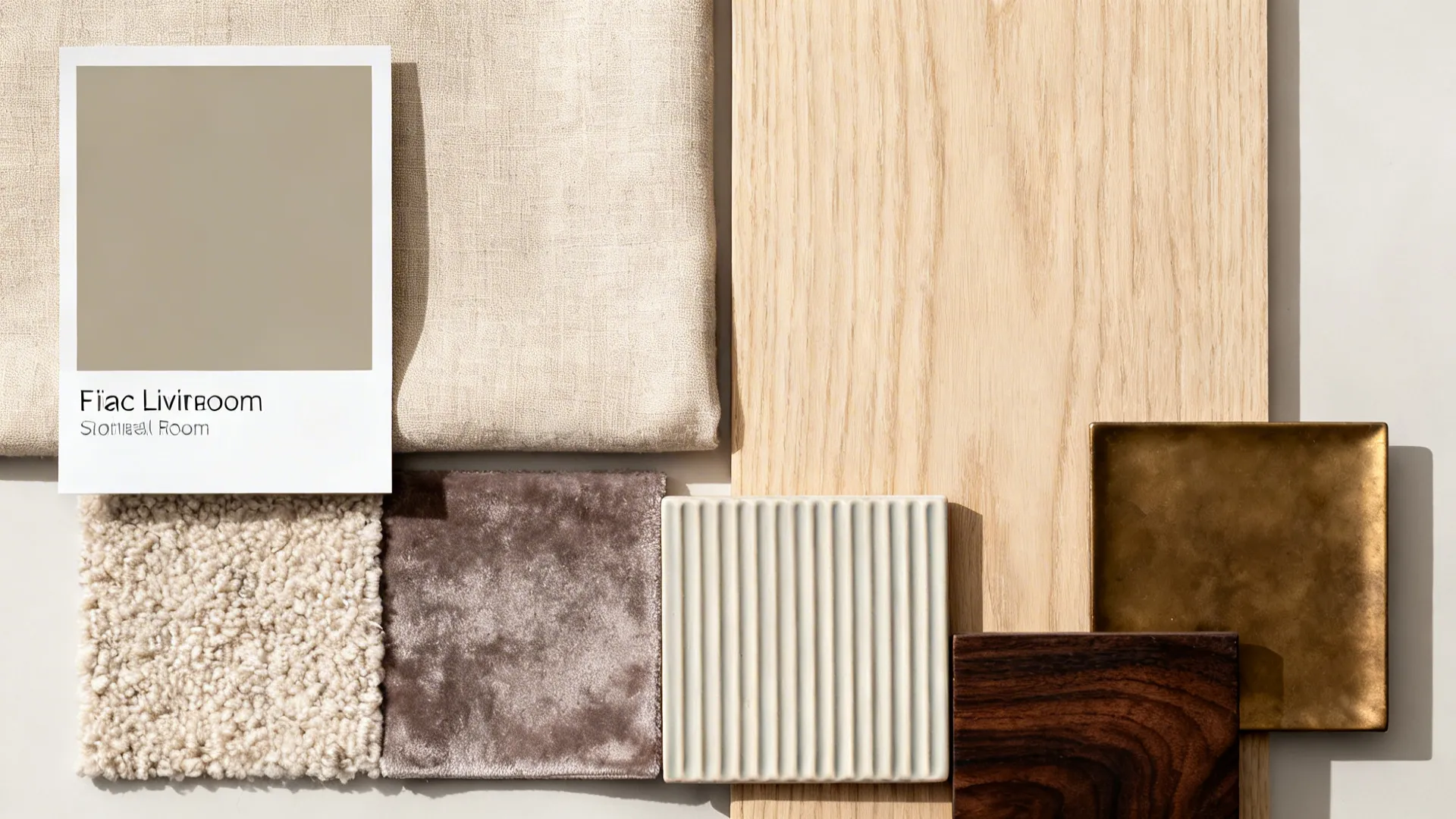 Tonal palette flatlay with greige paint, linen, bouclé, velvet, pale oak, and bronze accents.