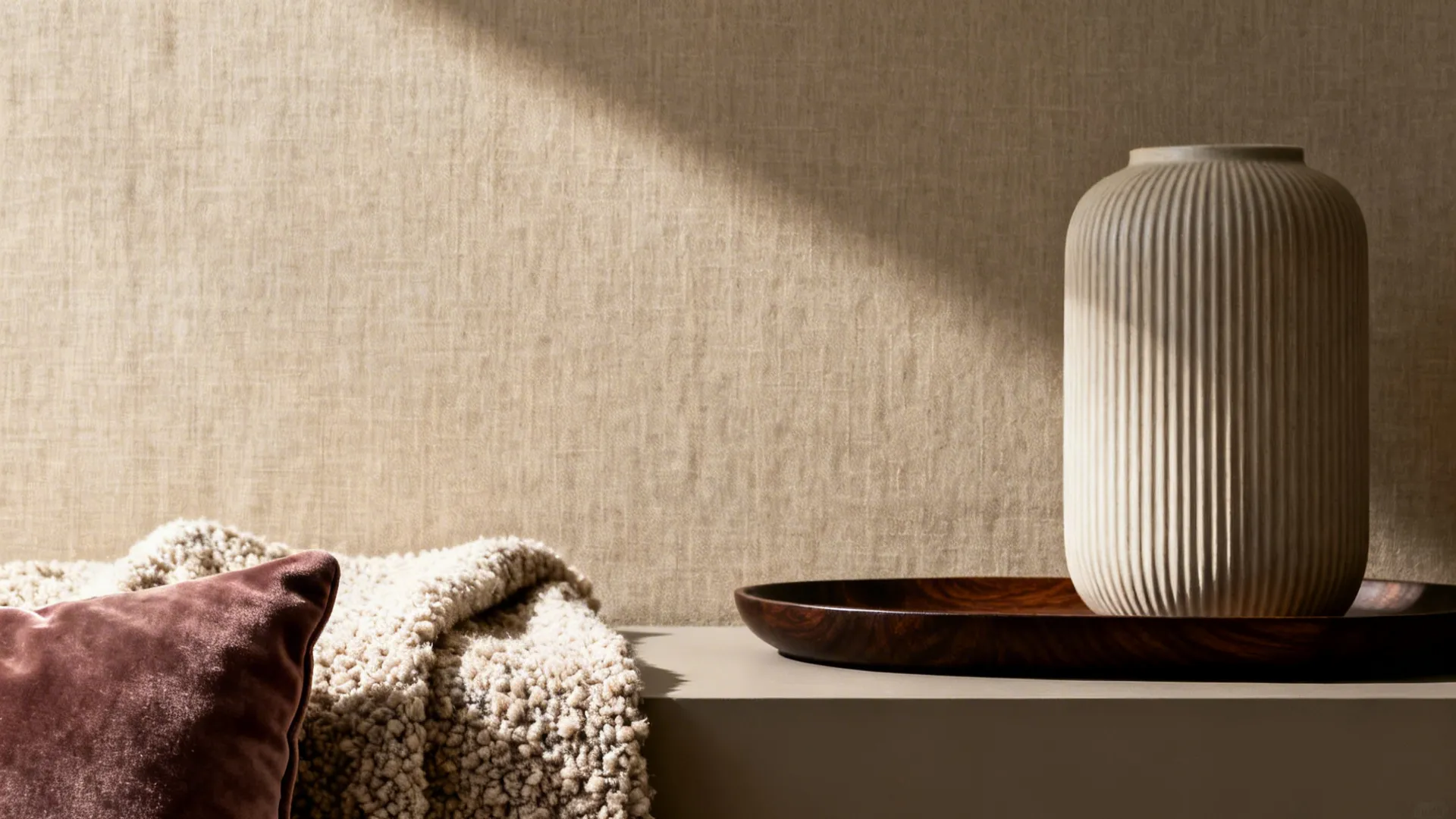 Close-up of linen, velvet, bouclé, and a dark walnut tray against warm greige walls.