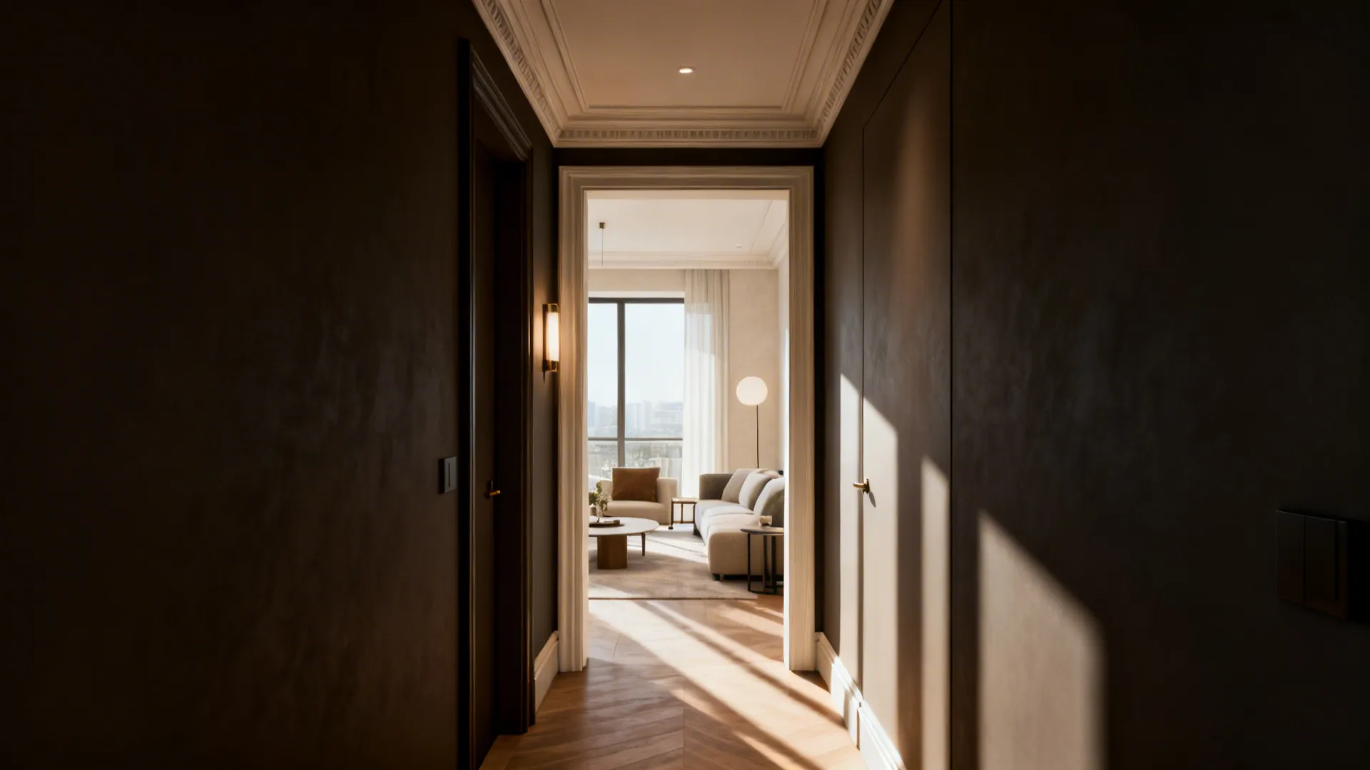 Dark hallway with wood floors leading to bright living room with grey sofa and floor lamp
