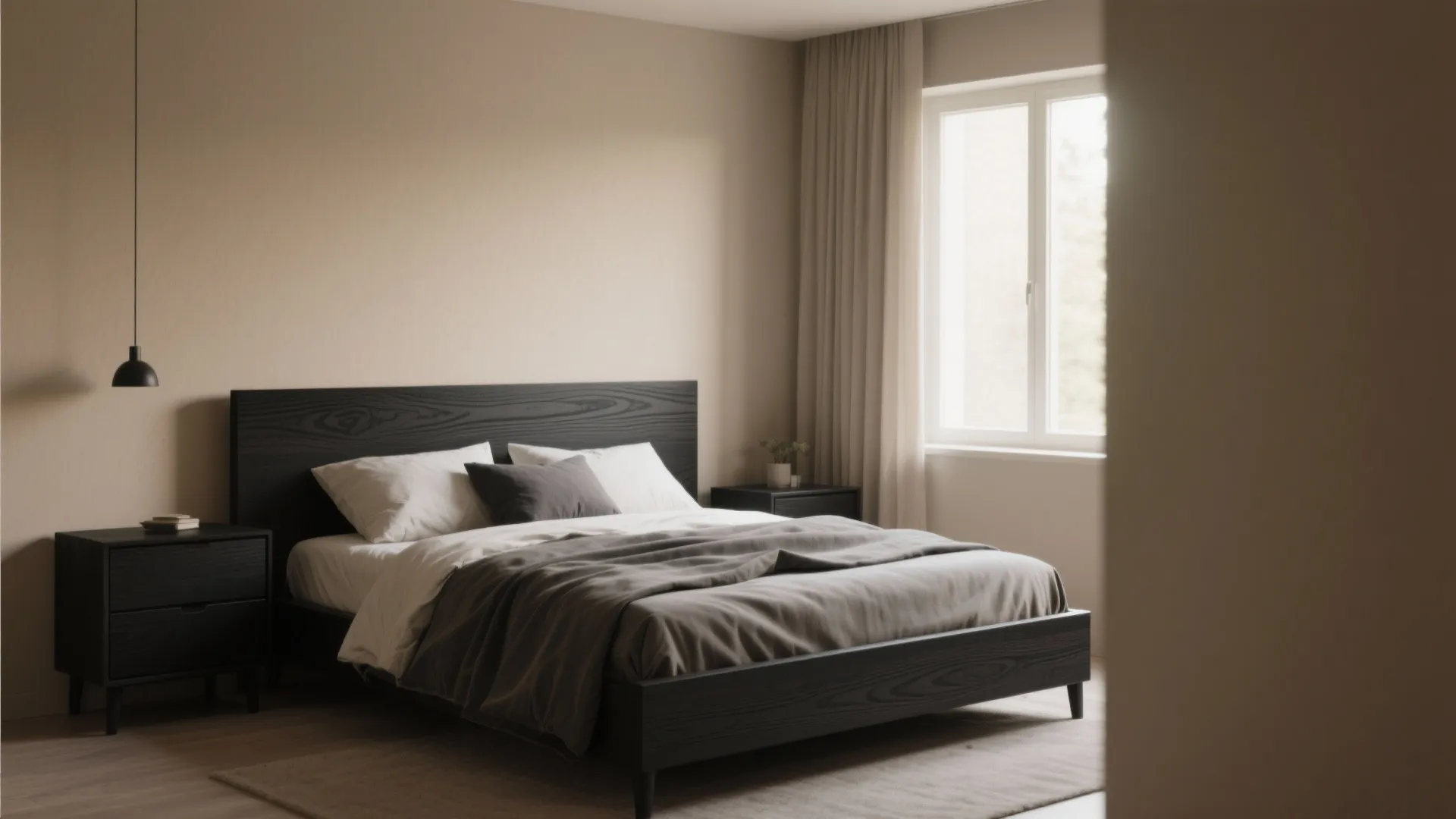 Modern bedroom with black wooden bed white pillows grey blanket window and simple ceiling light