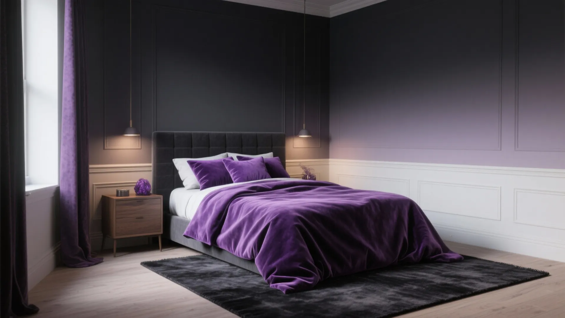 Modern bedroom with purple bedding white wall panel dark grey walls and wooden nightstand cabinet