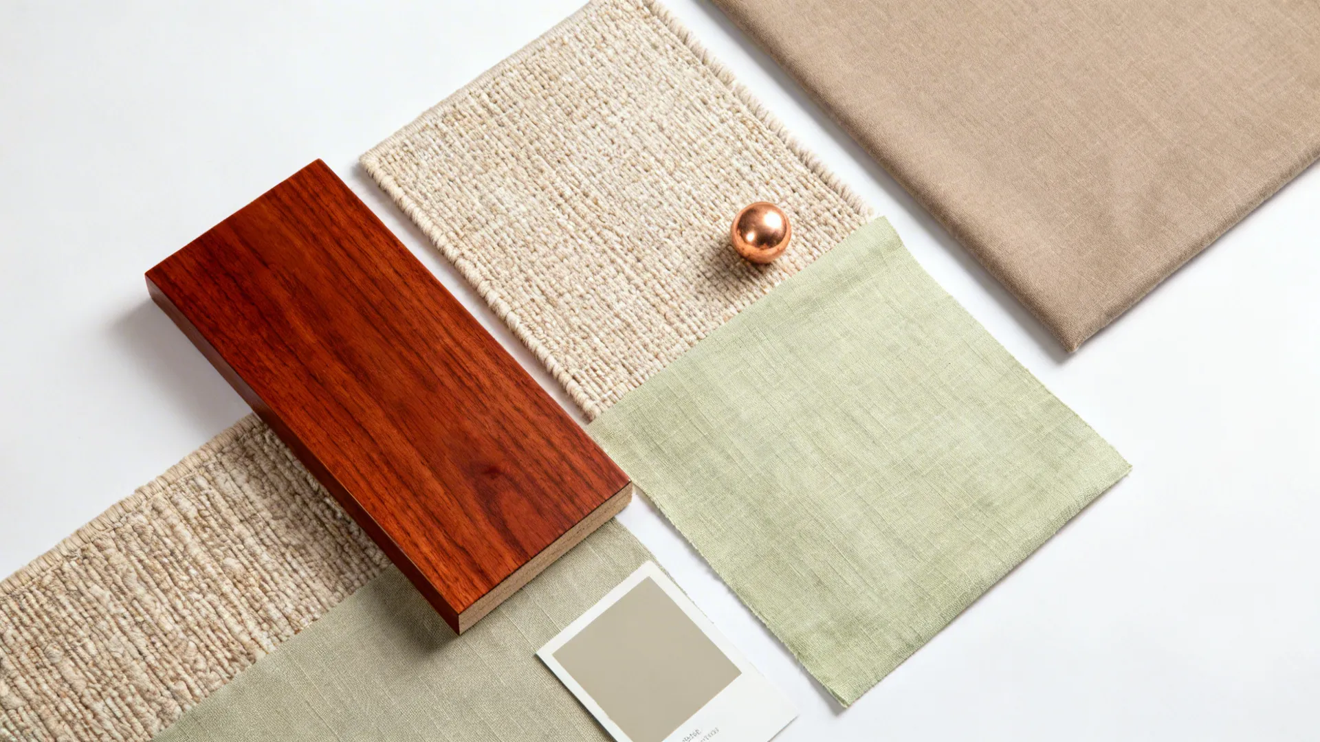 Flat lay of cherry wood, oatmeal rug, mushroom linen, pale olive accents, and gray-beige paint.