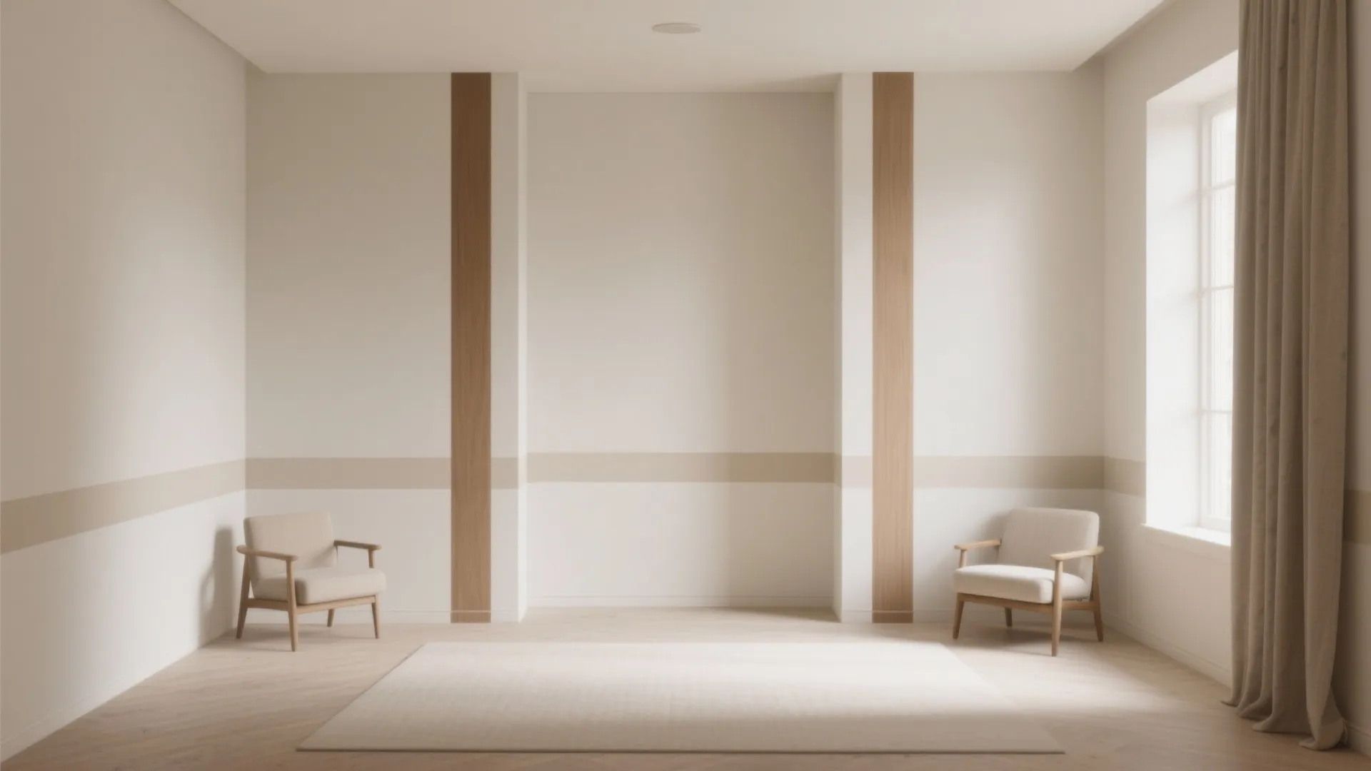 Empty beige room with wooden wall panels two armchairs white rug and long brown window curtain
