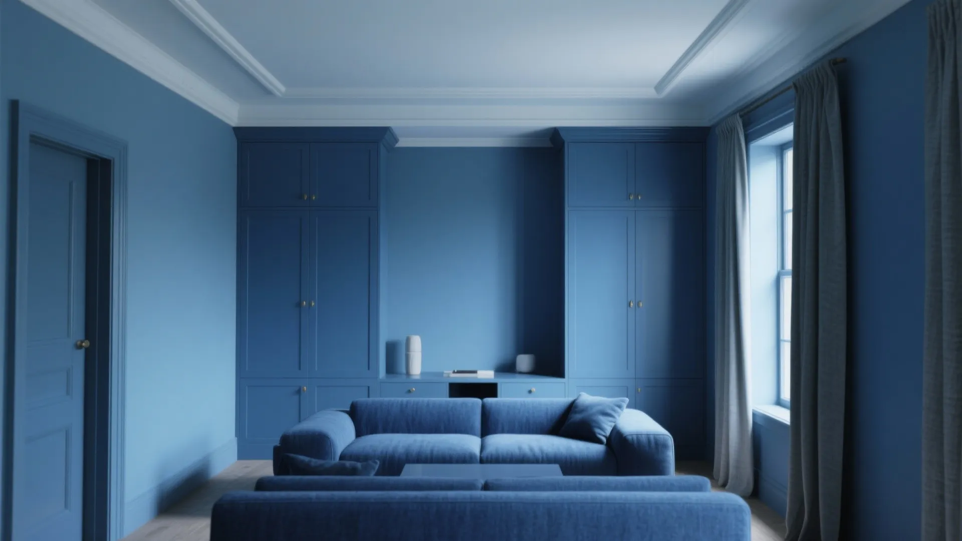 Monochromatic blue living room interior design featuring blue sofa matching cabinets blue walls and grey curtain