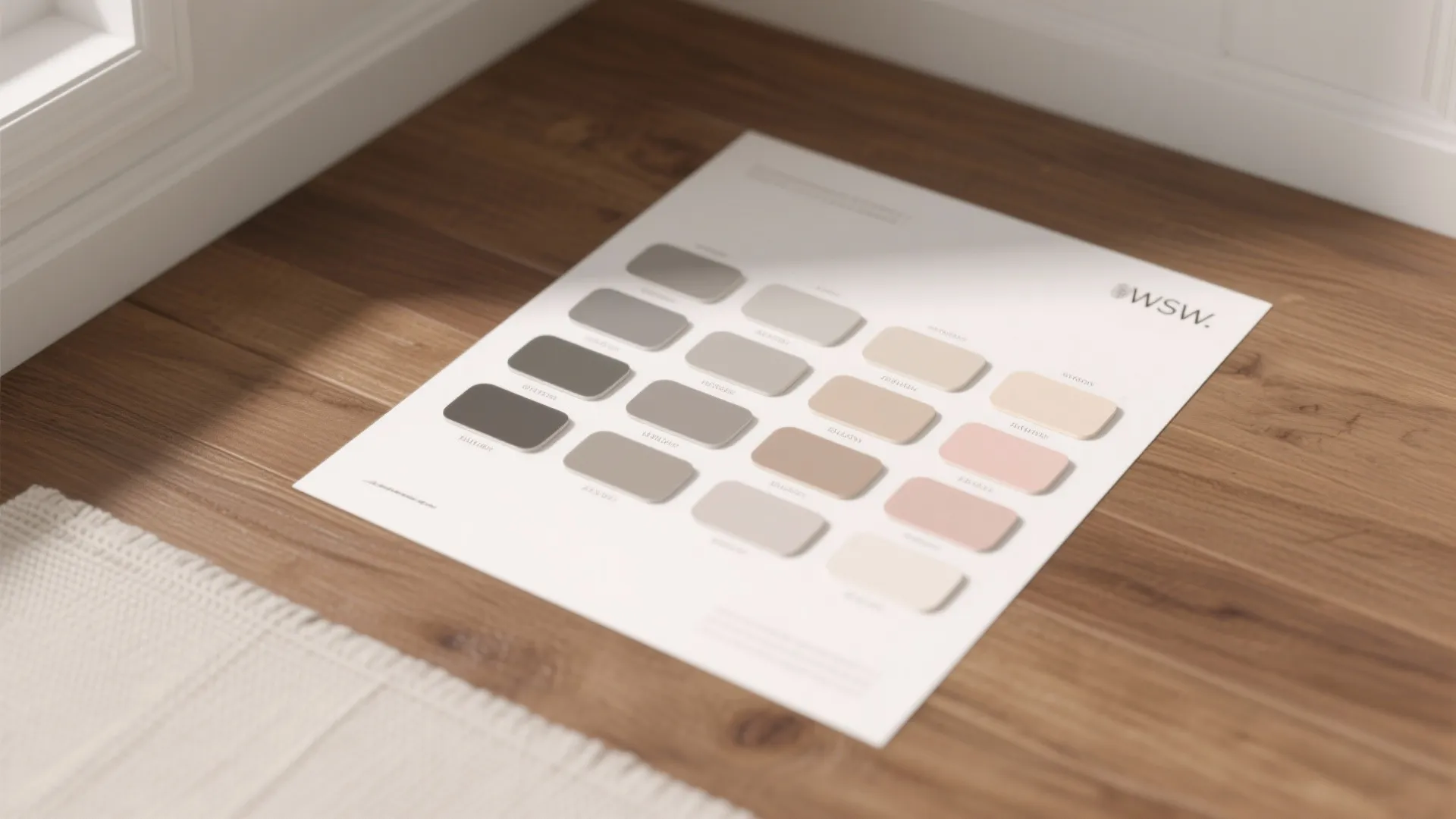A white card with various neutral paint color samples placed on a dark wooden floor