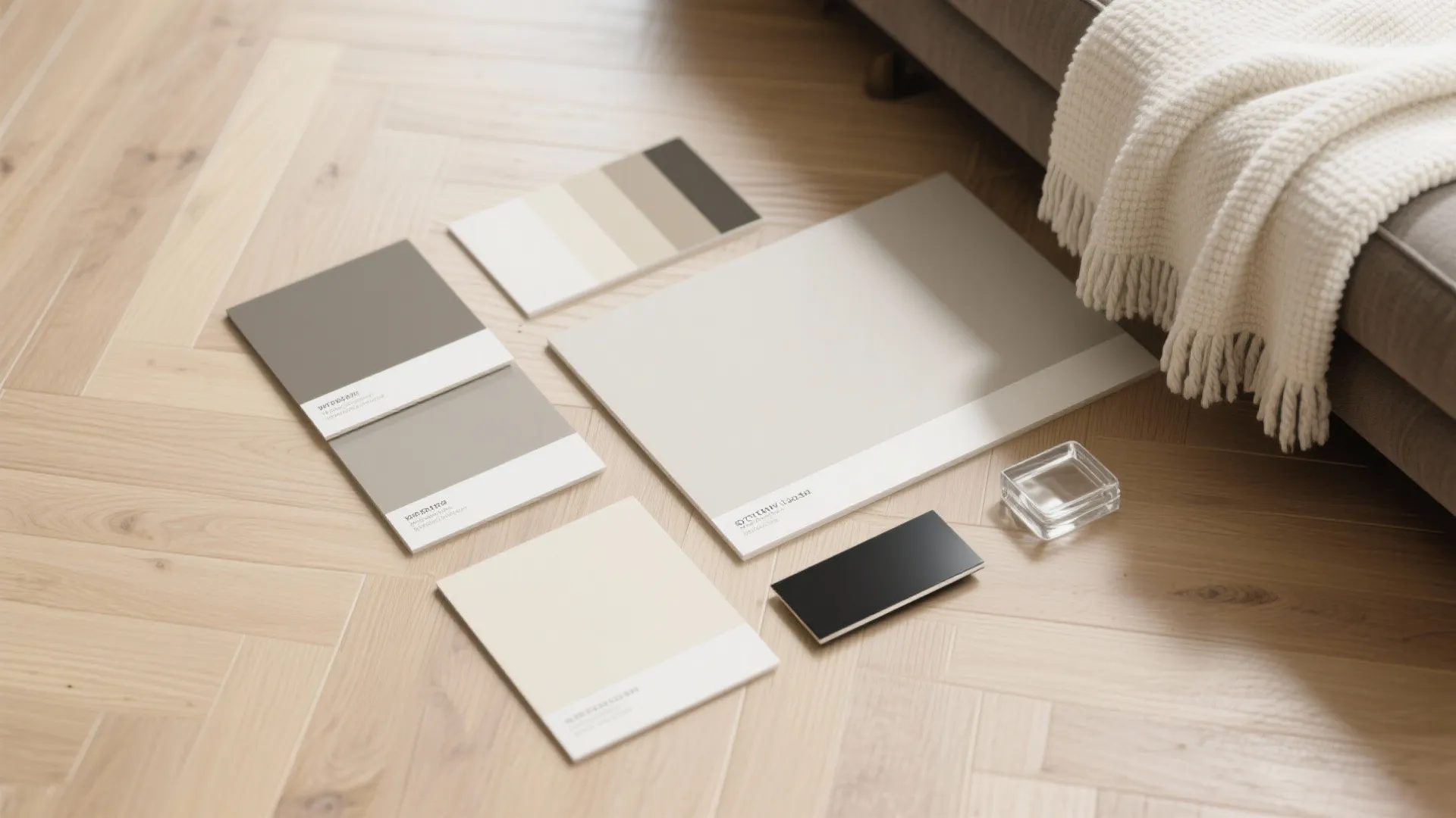 Beige and grey interior design color palette cards displayed on a light wood parquet floor
