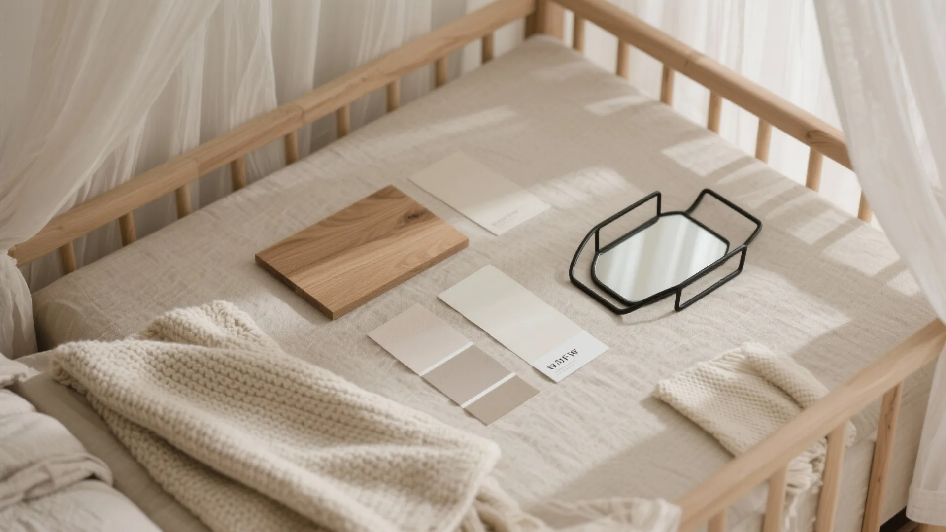 Interior design mood board with wood samples color cards and mirror tray on beige bed