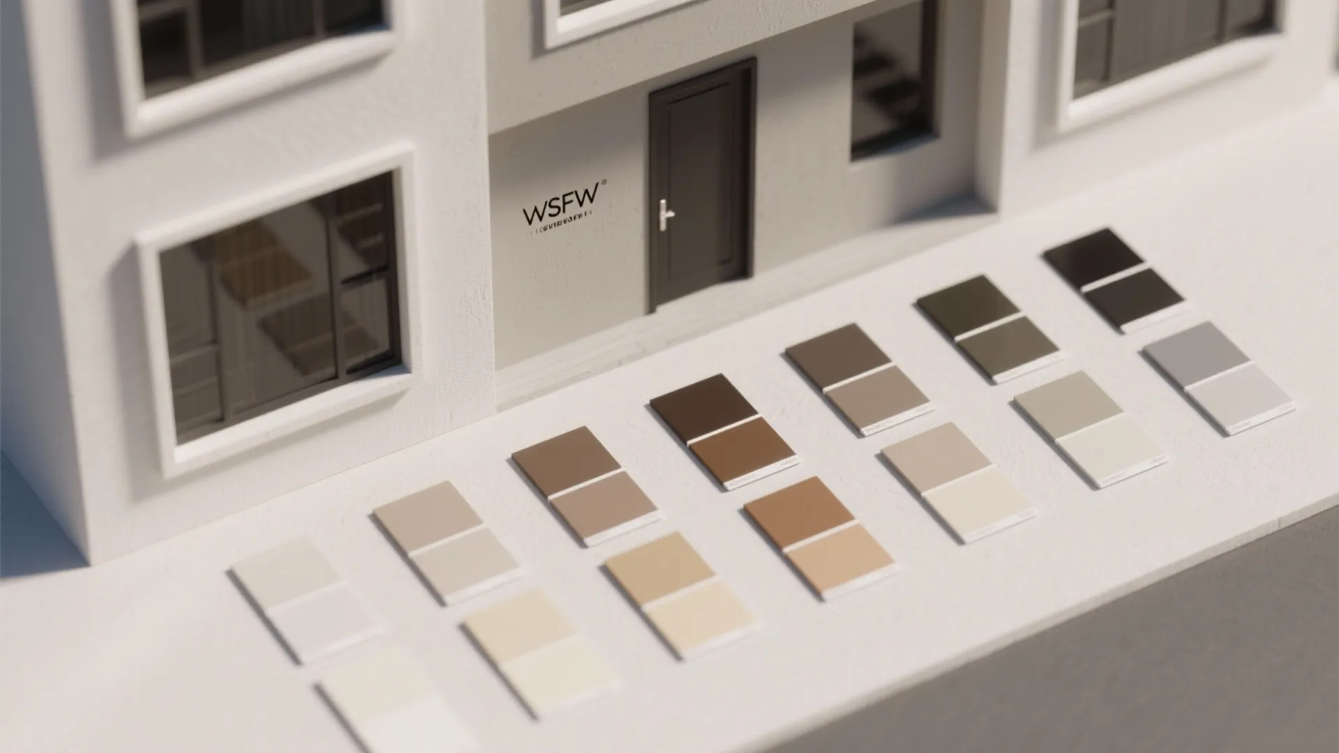 Top-down flatlay of paint swatches and a small facade mockup showing subtle tone-on-tone gradients.