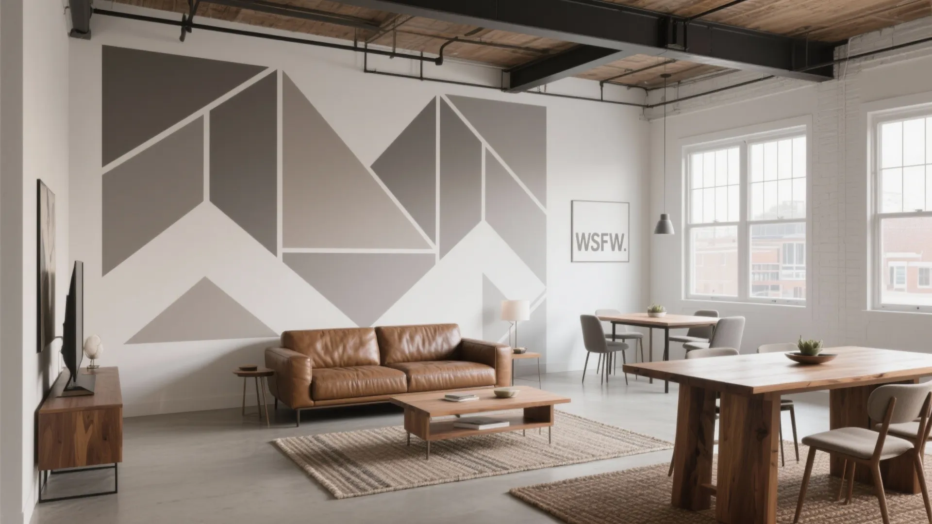 Industrial loft living room with leather sofa wooden coffee table and geometric grey wall pattern design