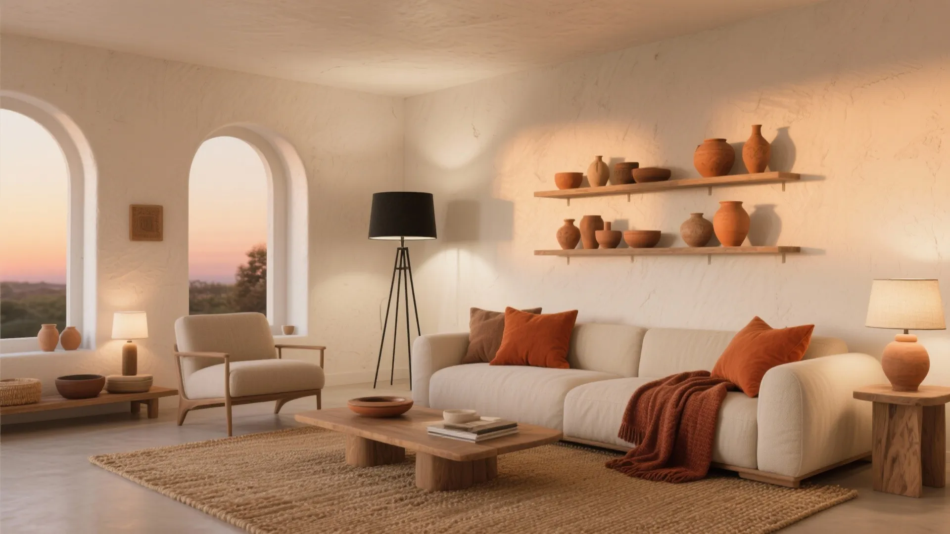 Minimalist living room with white sofa orange pillows wood coffee table and clay vases on shelves