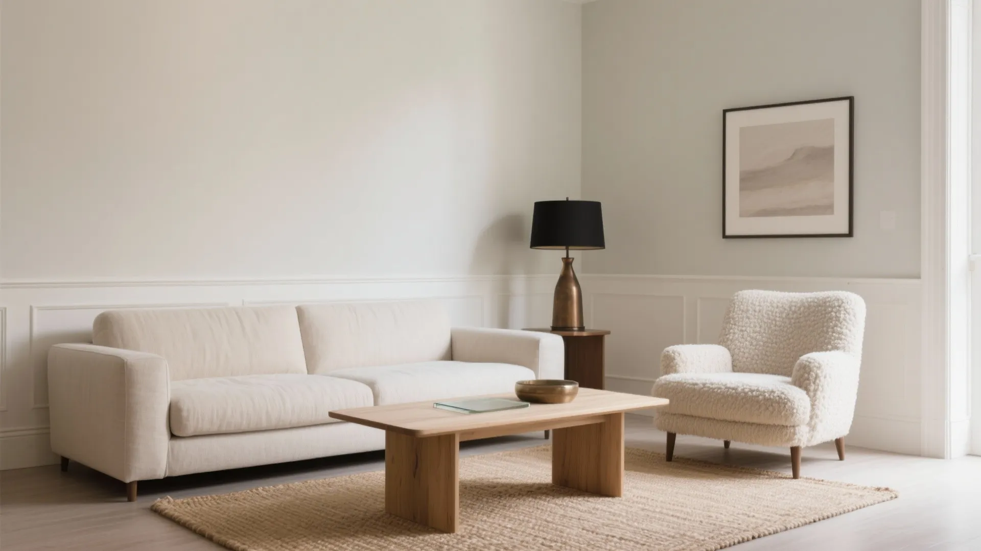 Minimalist living room with white sofa fluffy armchair wooden coffee table and black table lamp