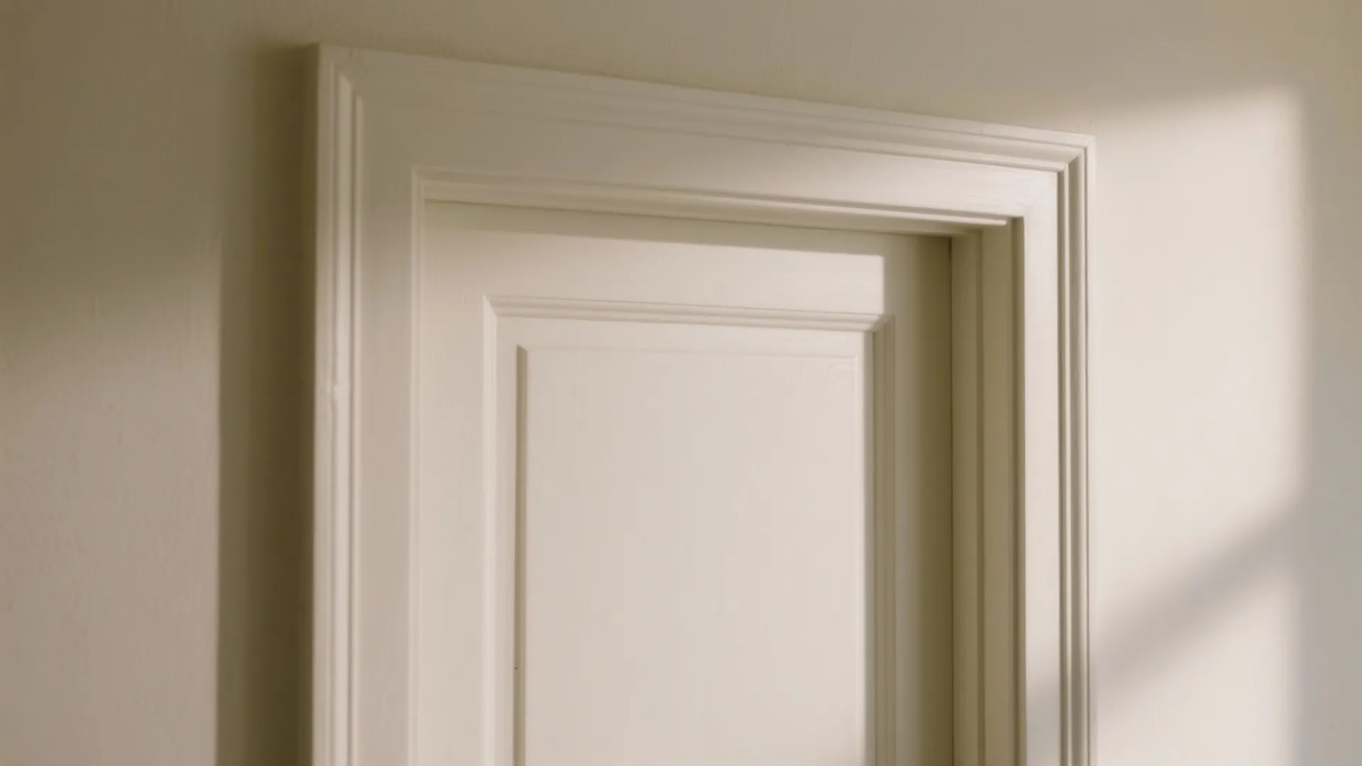 Close up of a white interior door with classic frame design and soft natural morning shadows