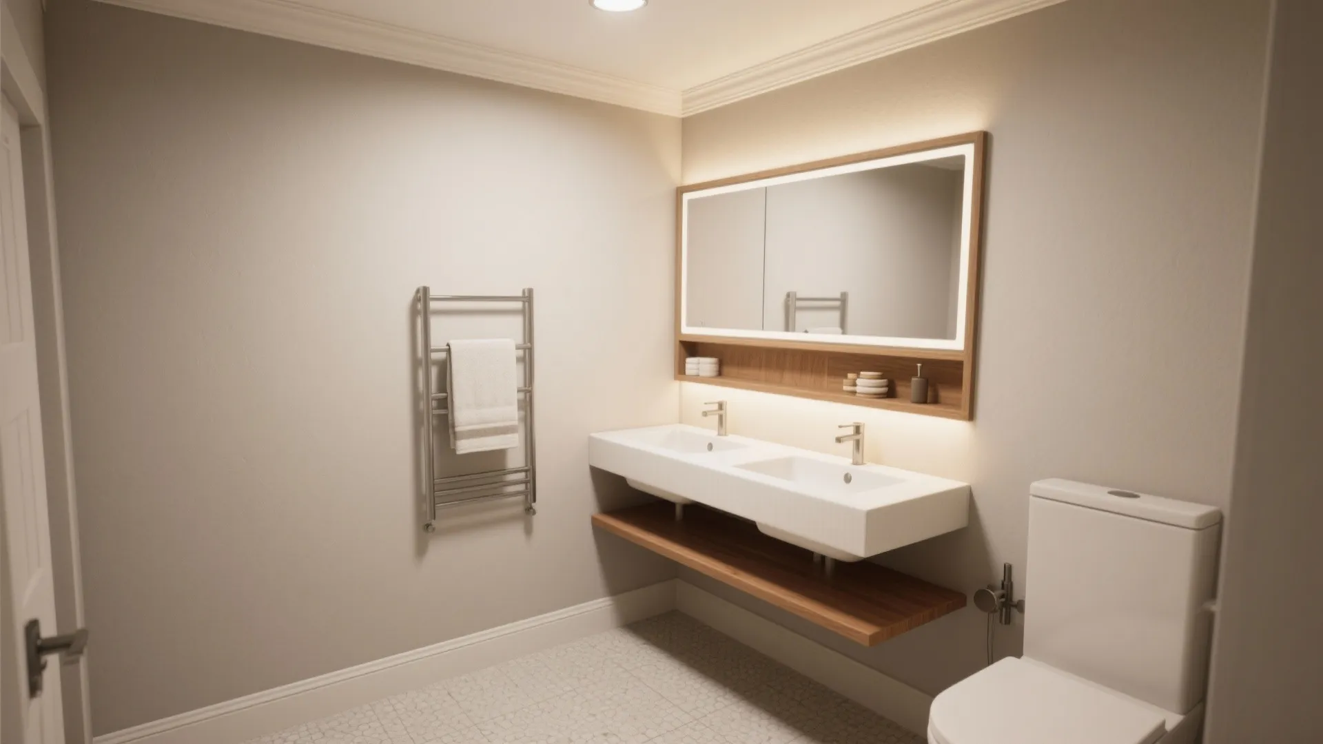 Warm greige bathroom with matching ceiling and matte white trim and fixtures for subtle contrast.