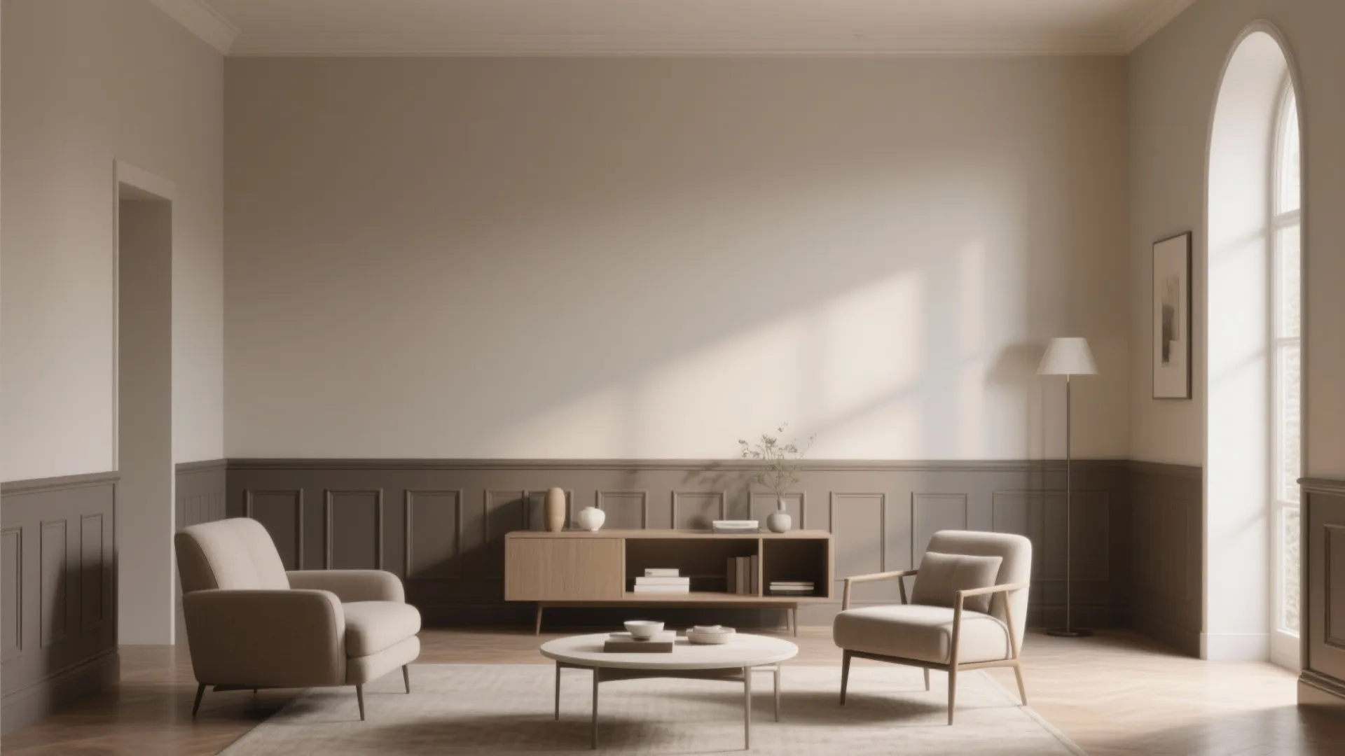 Minimalist living room with beige chairs, wooden cabinet, round coffee table, and arched side window
