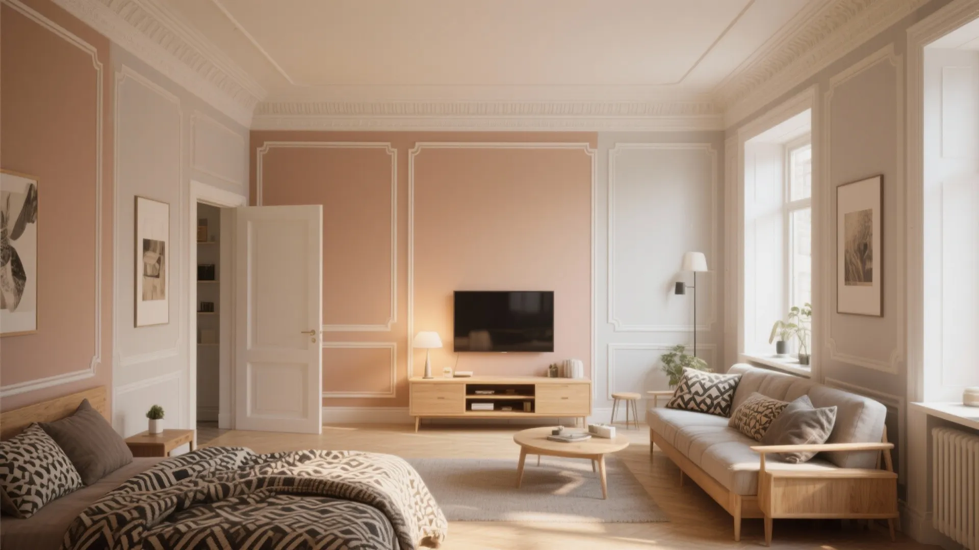 Modern studio apartment with pink wall panels wooden furniture grey sofa and patterned bed sheets