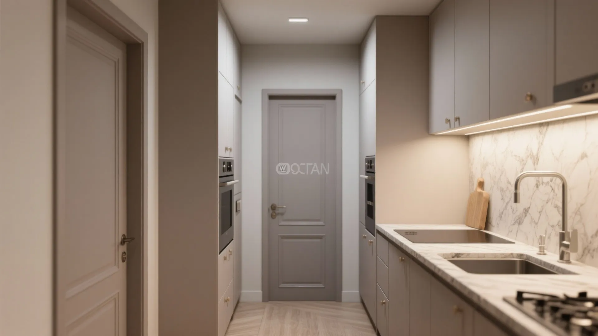 Modern small kitchen with grey cabinets marble countertop sink stove and matching grey interior doors