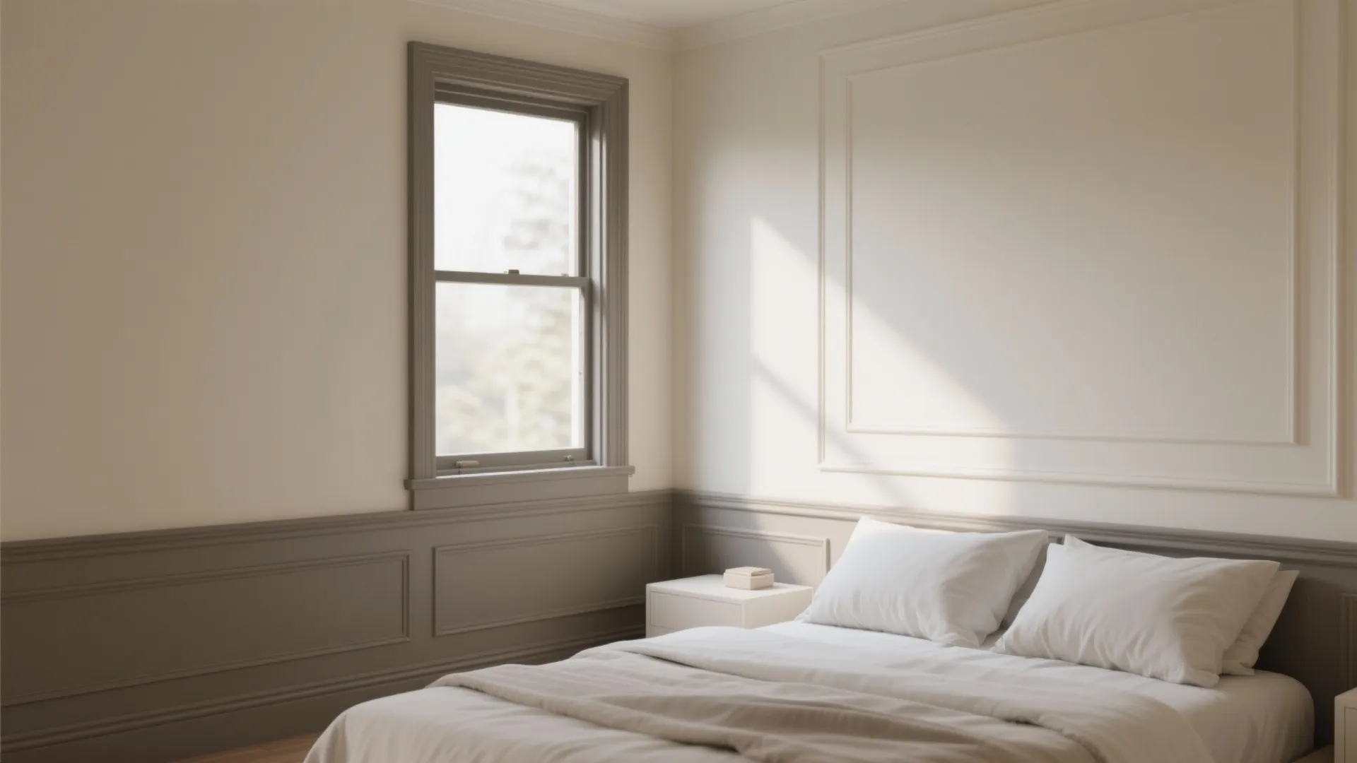 Minimalist beige bedroom with white bedding grey wall panel window nightstand and warm natural sunlight