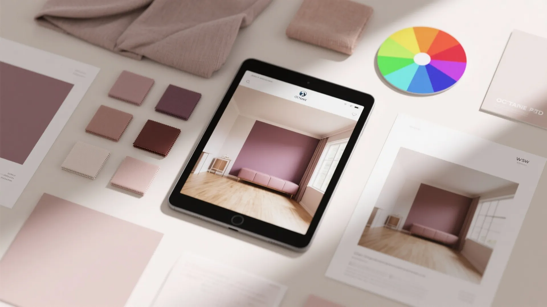 Interior design mood board with tablet showing room layout color wheel fabric swatches and prints