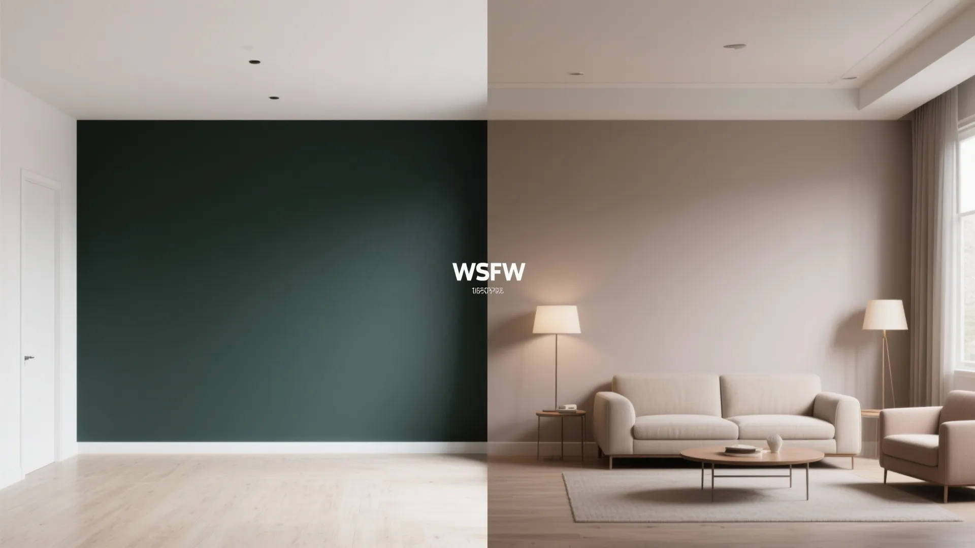 Side by side comparison of a dark green empty room and a beige furnished lounge
