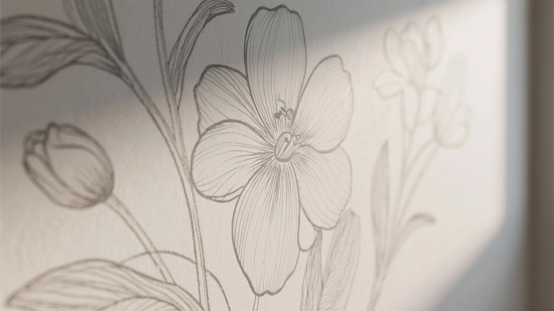 Close up of wall with simple hand drawn flower sketches and soft sunlight and shadows